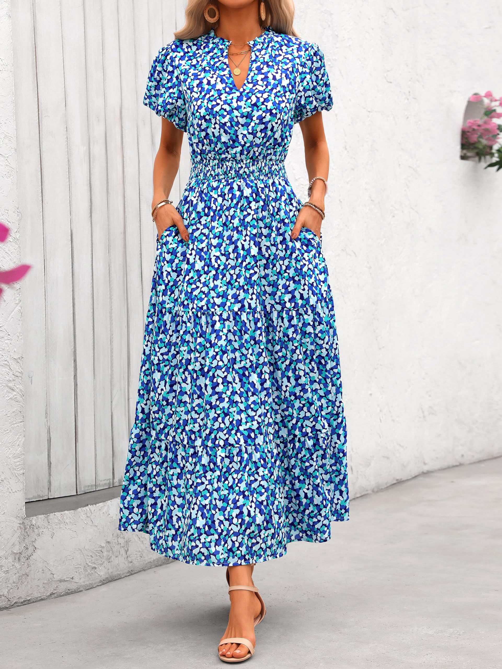 PRETTYGARDEN Summer Maxi Dresses for Women  Casual V Neck Puff Short Sleeve Smocked Flowy Beach Boho Long Floral Dress