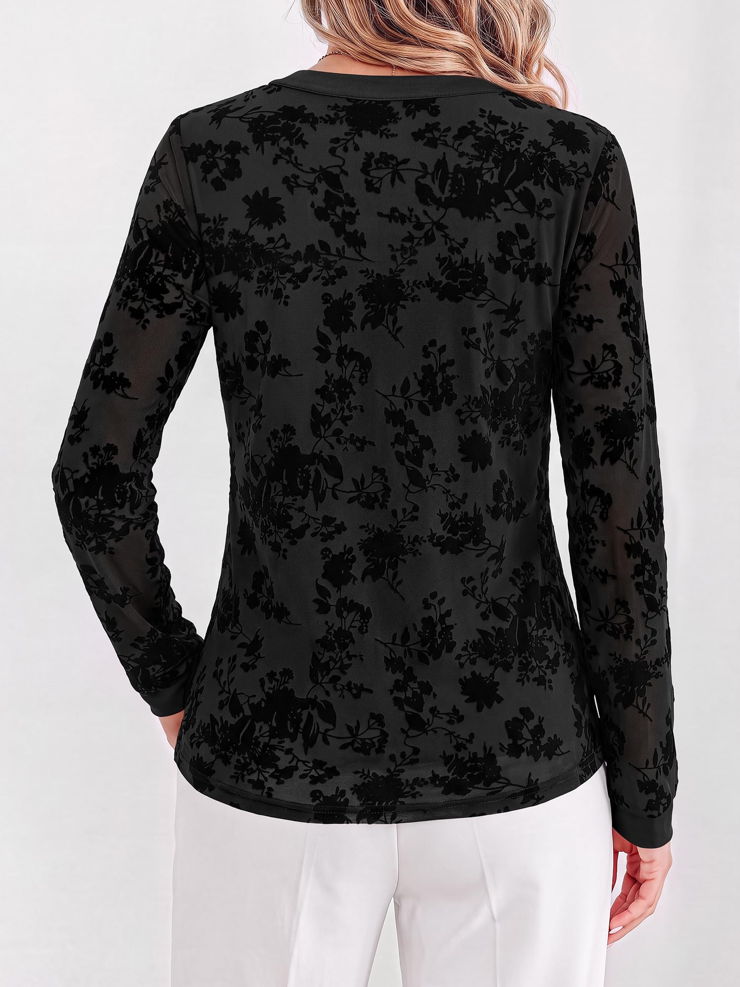 BTFBM Womens Tops Floral Sheer Mesh Long Sleeve Blouses Dressy Casual V Neck Flocked Mesh Shirts,Velvet-Like Flowers,Double Layered,Loose Fit Tunics,Business Casual Top,Fall Fashion Clothing