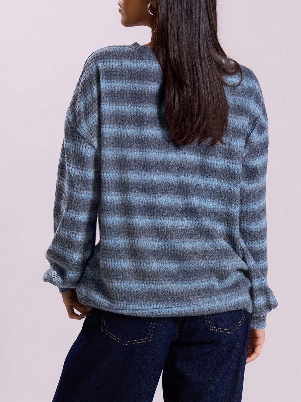 FreshPretty Striped Waffle Knit Tops for Women Lightweight Pullover Sweaters,Womens Fall Outfits,Basic Casual Crew Neck Long Sleeve Top,Trendy Loose Blouses Daily Wear,Winter Layering Clothes