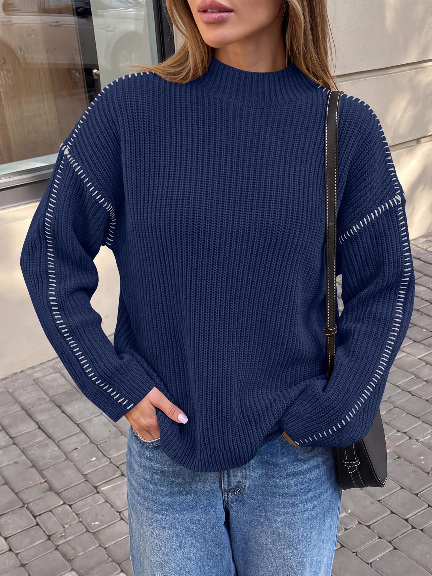 "BTFBM Womens Oversized Sweaters Contrast Chunky Knit Sweater Loose Fit Mock Neck Long Sleeve Tops, Soft Cozy Knitwear, Fall Fashion 2026, Casual Winter Clothing, Daily Going Out Outfits"