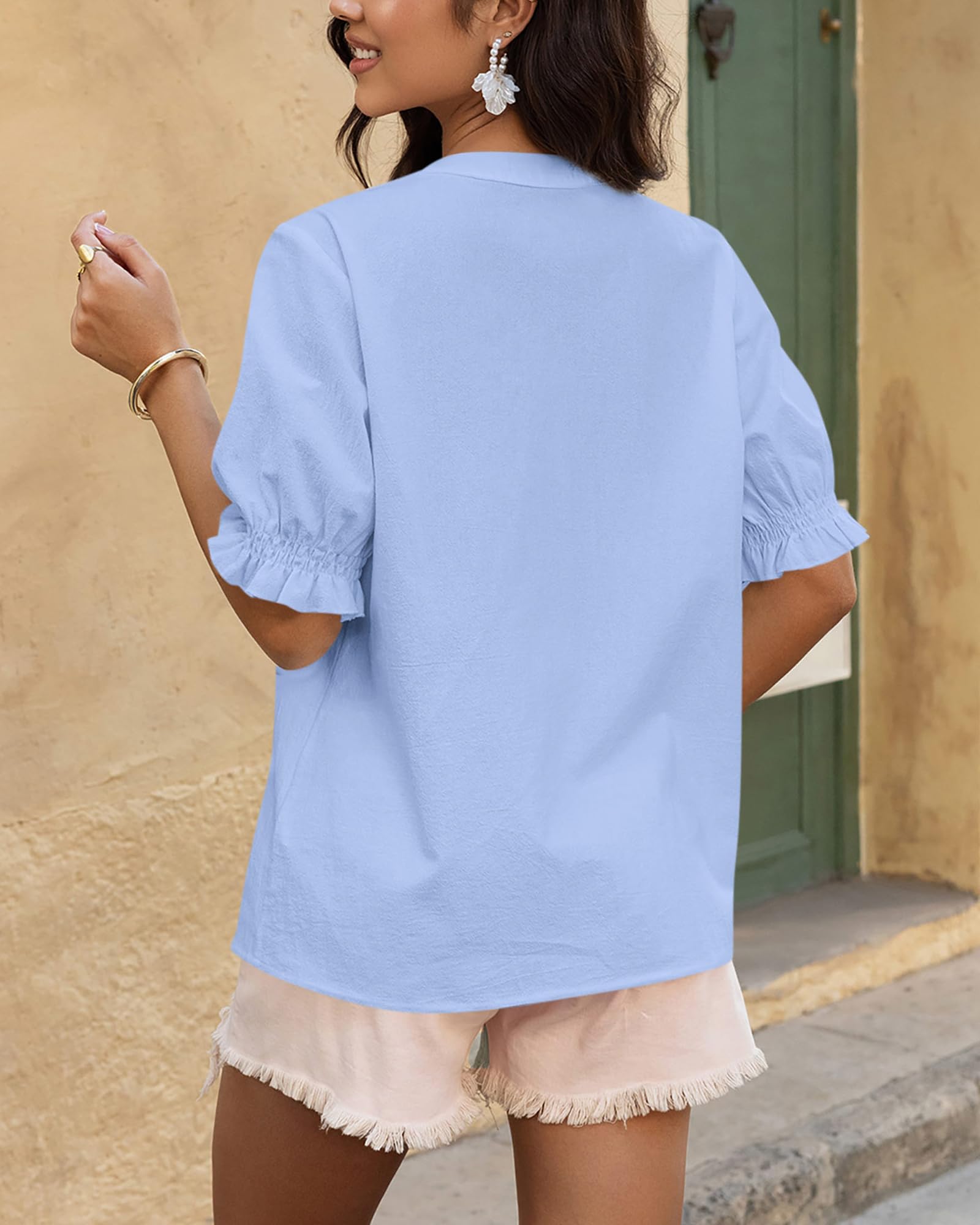BTFBM Women's Spring Tops Casual Floral Boho V Neck Puff Short Sleeve Button Down Shirts Embroidered Blouses Tunic