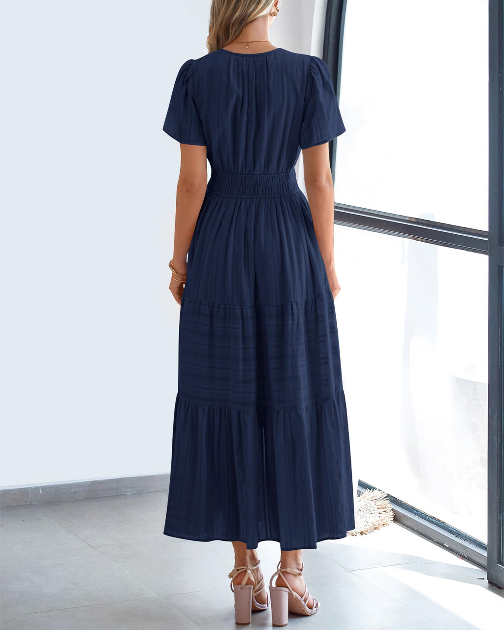 FreshPretty Womens Summer Casual Midi Maxi Dresses Lightweight Short Sleeve V Neck Elastic Waist Boho Beach Dress Pockets