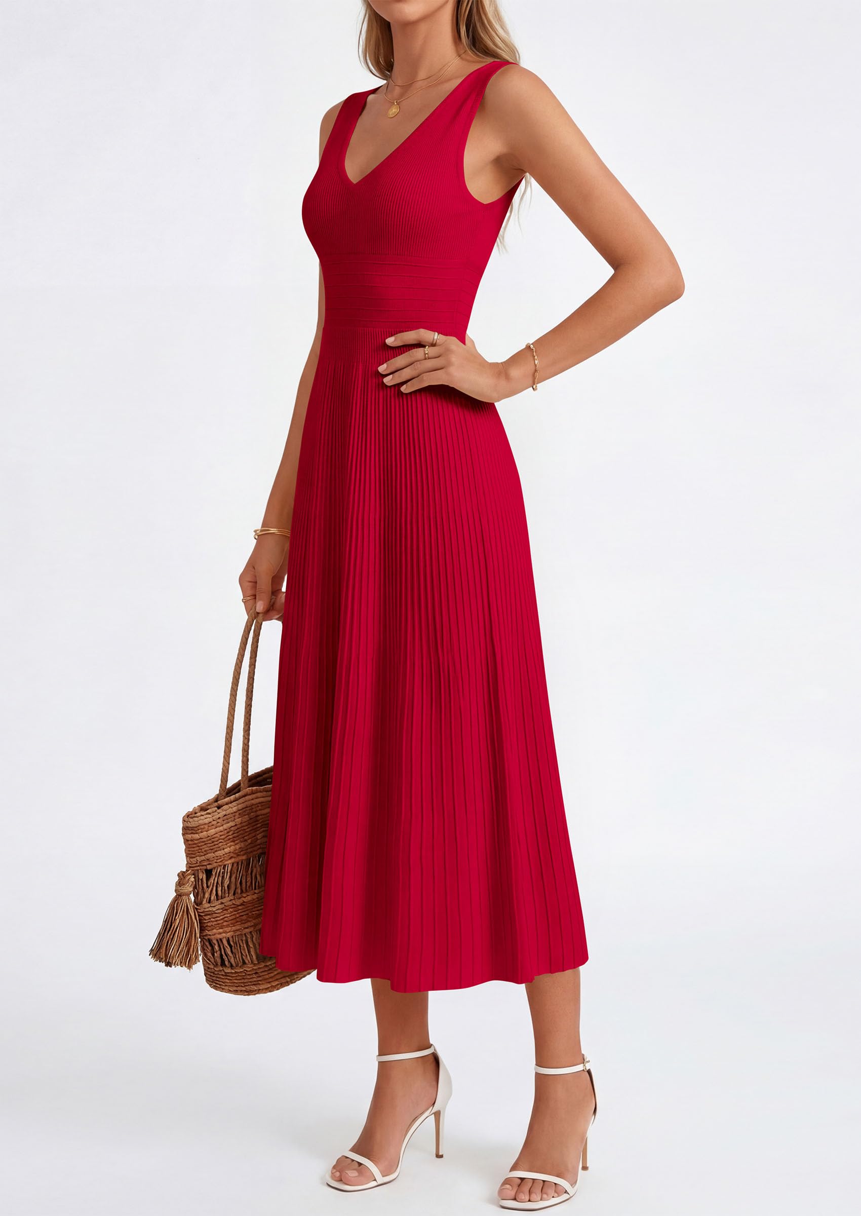 PRETTYGARDEN Women's Summer Casual Dresses Spring Sleeveless V Neck Knit Midi Business Work A Line Cocktail Dress