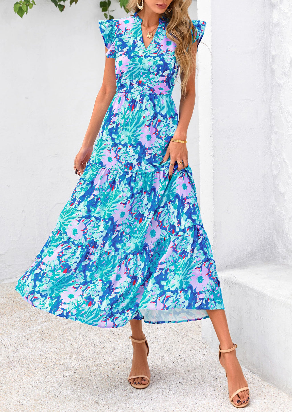 Visit the PRETTYGARDEN Store PRETTYGARDEN Women's Summer Floral Midi Dress Cap Sleeve V Neck Ruffle Long Flowy Boho Casual Beach Vacation Dresses