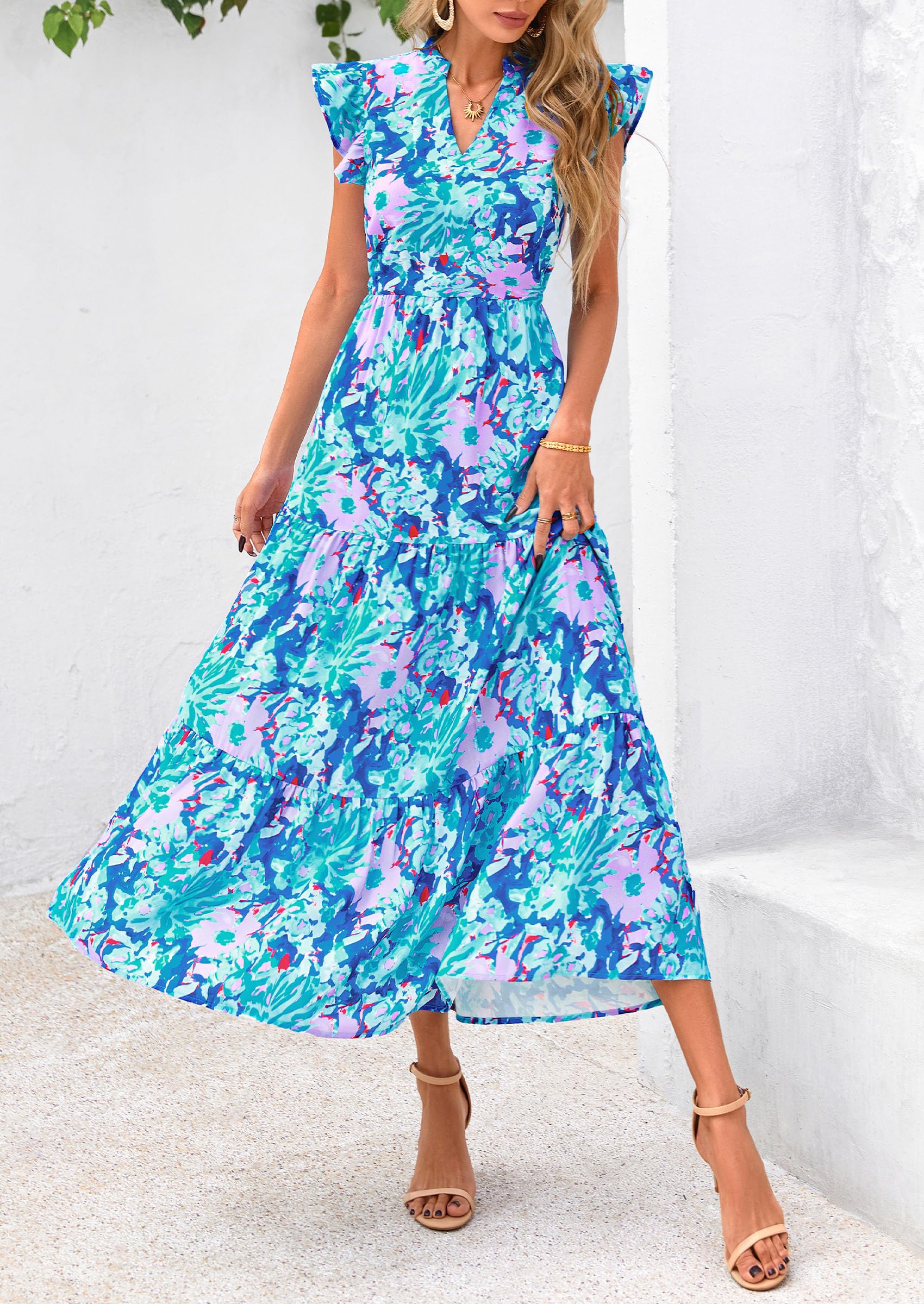 Visit the PRETTYGARDEN Store PRETTYGARDEN Women's Summer Floral Midi Dress Cap Sleeve V Neck Ruffle Long Flowy Boho Casual Beach Vacation Dresses