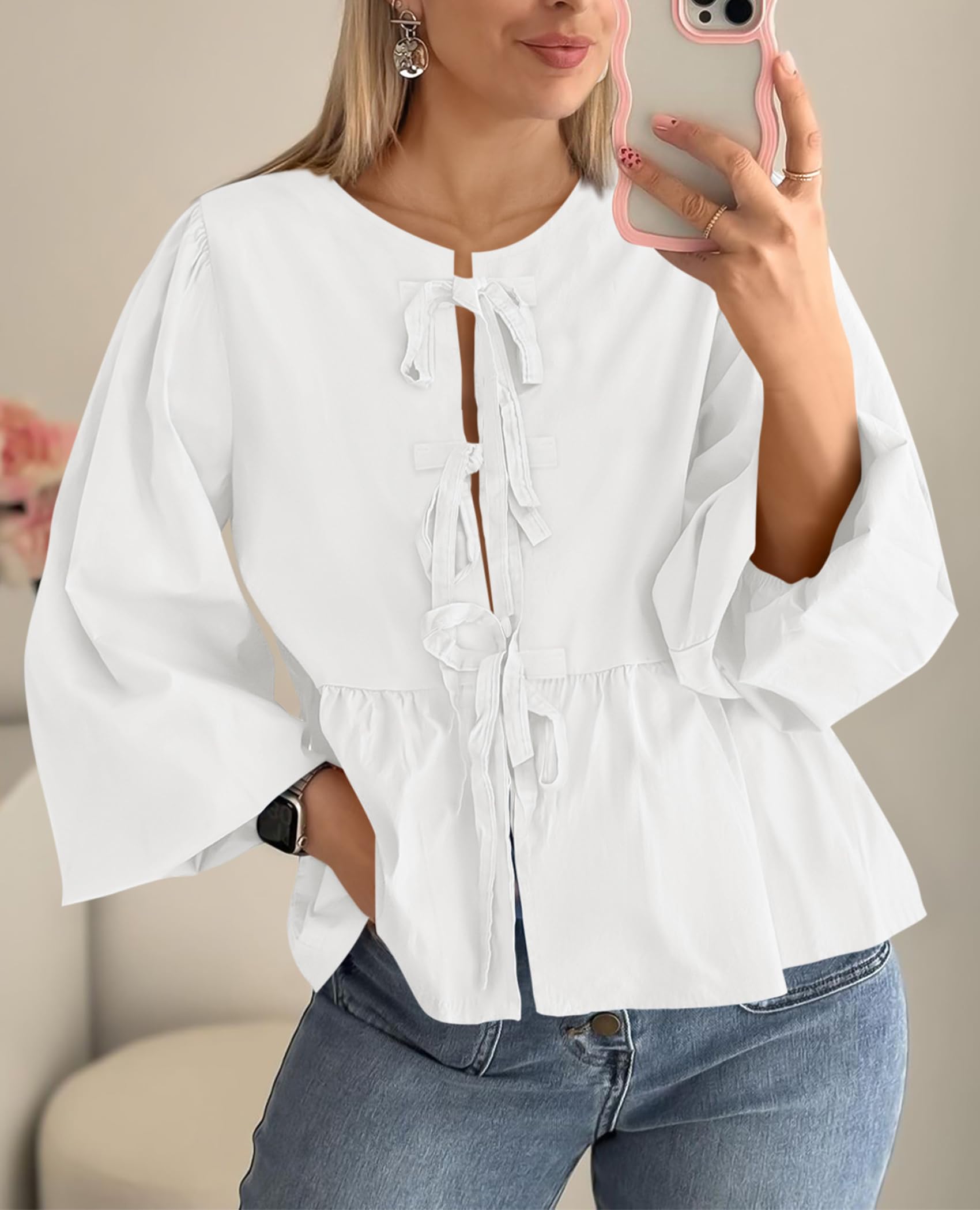 PRETTYGARDEN Women's Spring Fall Babydoll Peplum Blouse Shirt Puff Long Sleeve Bow Tie Front Trendy Cute Y2K Going Out Tops