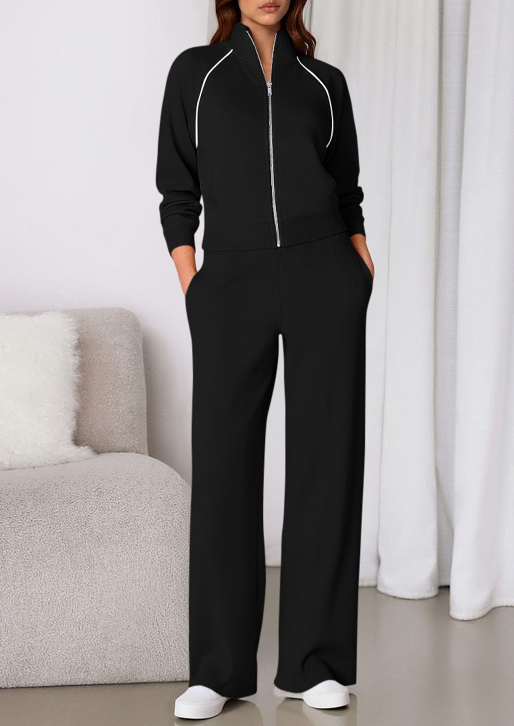 PRETTYGARDEN Womens 2 Piece Outfits Sweatsuits Fall Full Zip Sweatshirts Workout Pants Matching Lounge Sets Tracksuits