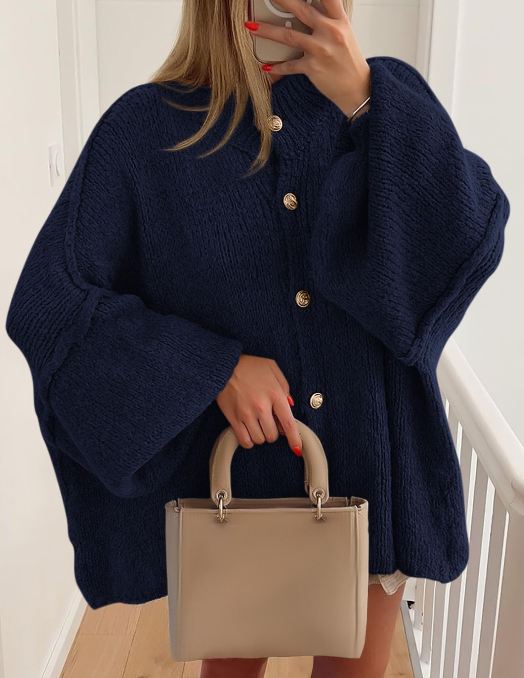 PRETTYGARDEN Women's Winter Button Down Cardigan Sweaters Mock Neck Lantern Long Sleeve Chunky Knit Jacket Trendy Outerwear