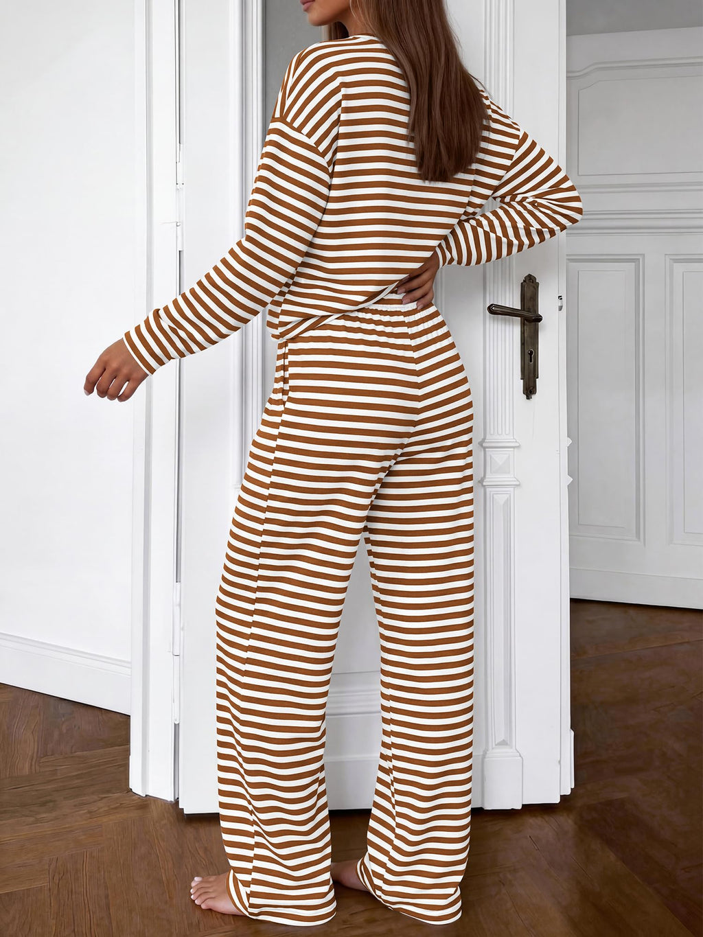 BTFBM Striped Lounge Set Sweatsuits Women 2 Piece Outfit | Womens Pajama Sets, Crew Neck Sweatshirt and Wide Leg Pants, Pockets, Airport, Travel, Vacation Outfits, Fall Winter Clothes