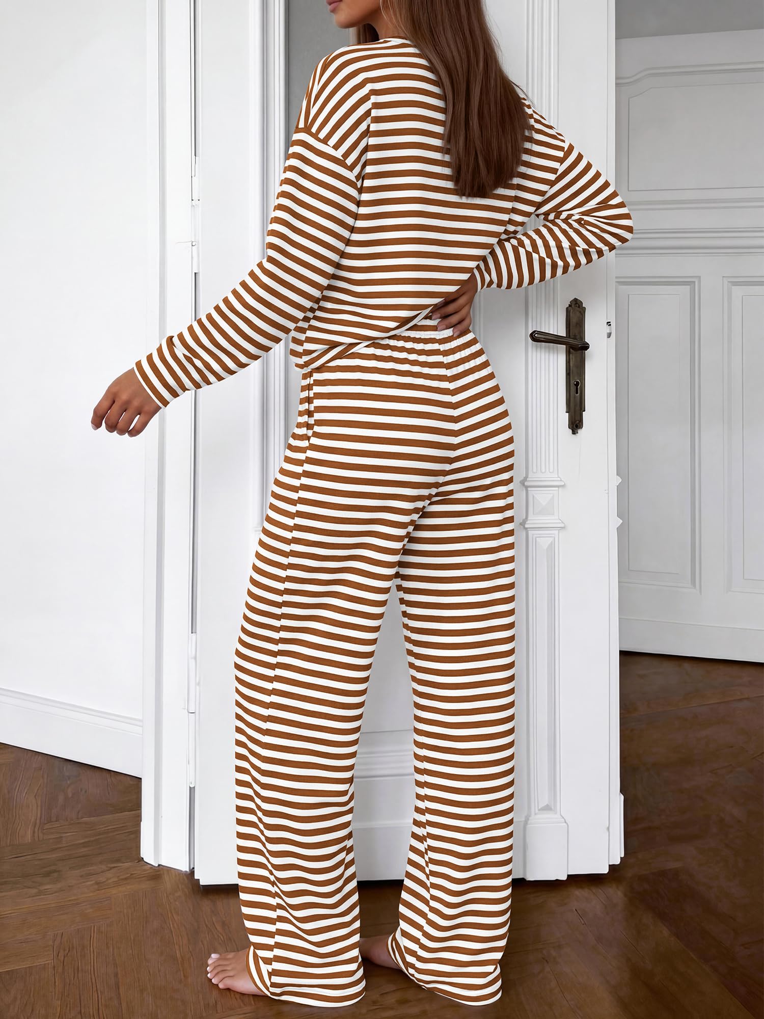 BTFBM Striped Lounge Set Sweatsuits Women 2 Piece Outfit | Womens Pajama Sets, Crew Neck Sweatshirt and Wide Leg Pants, Pockets, Airport, Travel, Vacation Outfits, Fall Winter Clothes