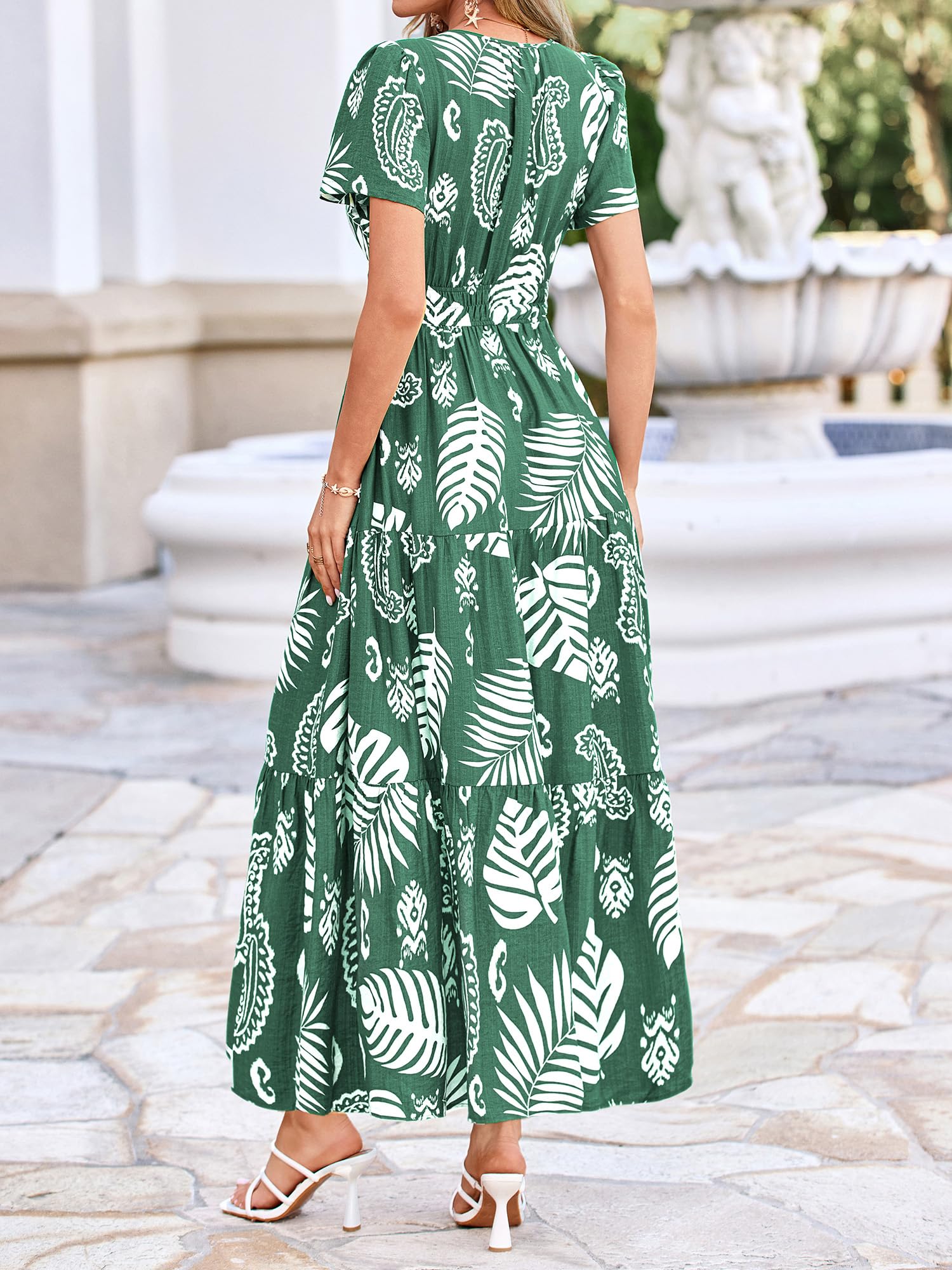 BTFBM Womens Summer Floral Maxi Dresses V Neck Short Sleeve Boho Casual Flowy Long Wedding Guest Dress Beach Vacation