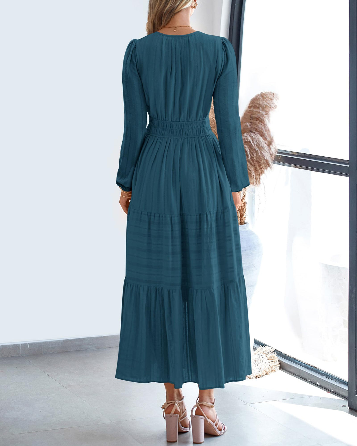 BTFBM Spring Dresses for Women 2026 Casual Long Sleeve V Neck Elastic Waist Lightweight Maxi Wedding Guest Dress Pockets