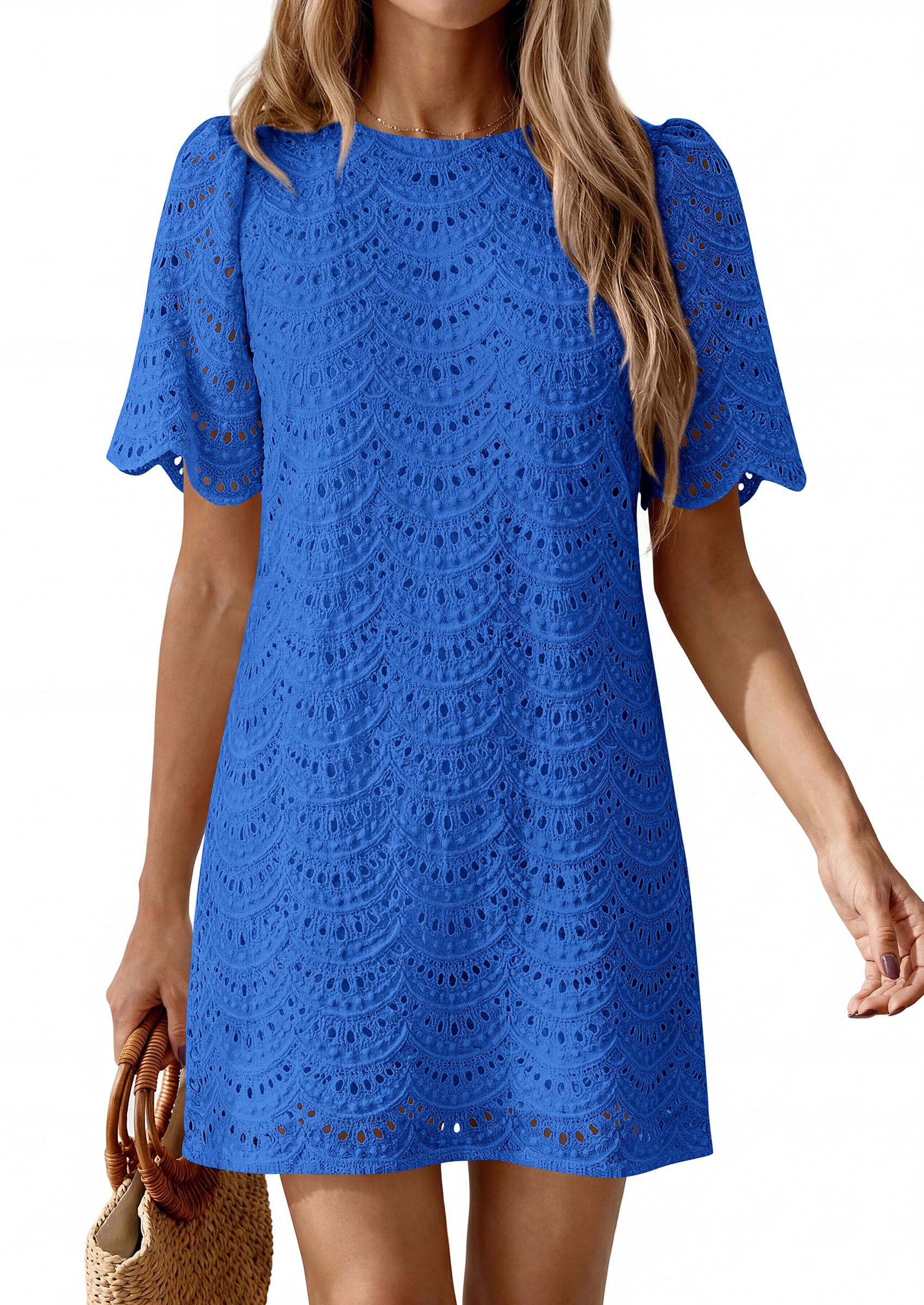 PRETTYGARDEN Women's Summer Casual Short Dresses Embroidered Lace Short Sleeve Boho Mini Dress Beach Vacation Clothes