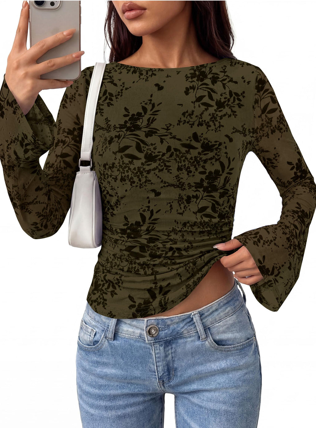 PRETTYGARDEN Women's Bell Sleeve Floral Mesh Crop Tops