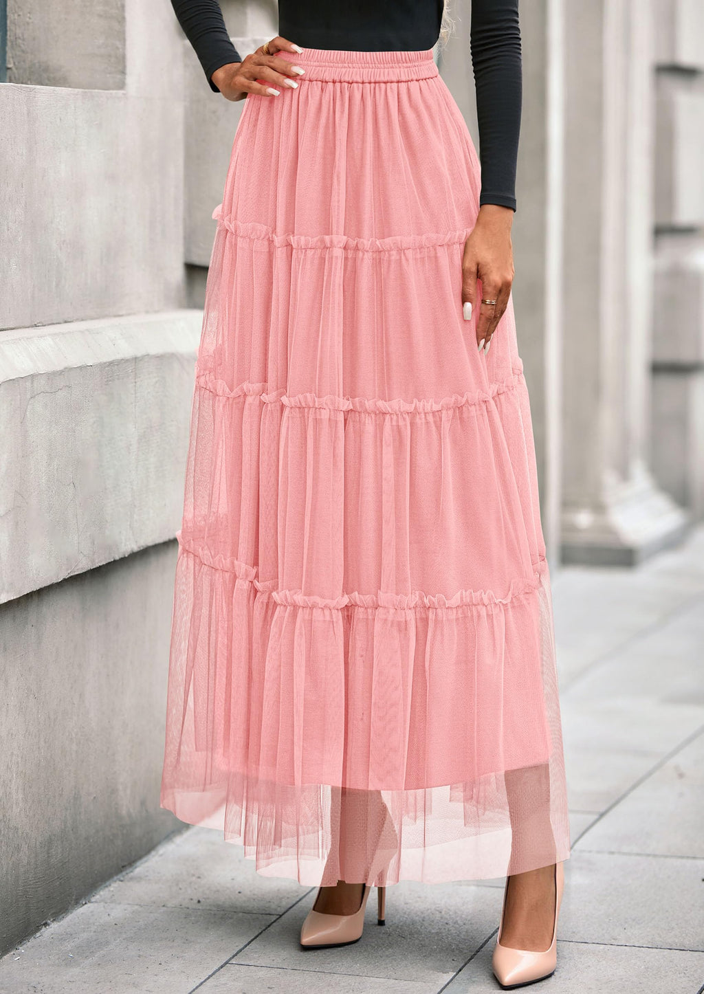 PRETTYGARDEN Tulle Skirts for Women Fall Fashion Elastic High Waisted Fairy Tiered Flowy A-Line Casual Maxi Long Skirt