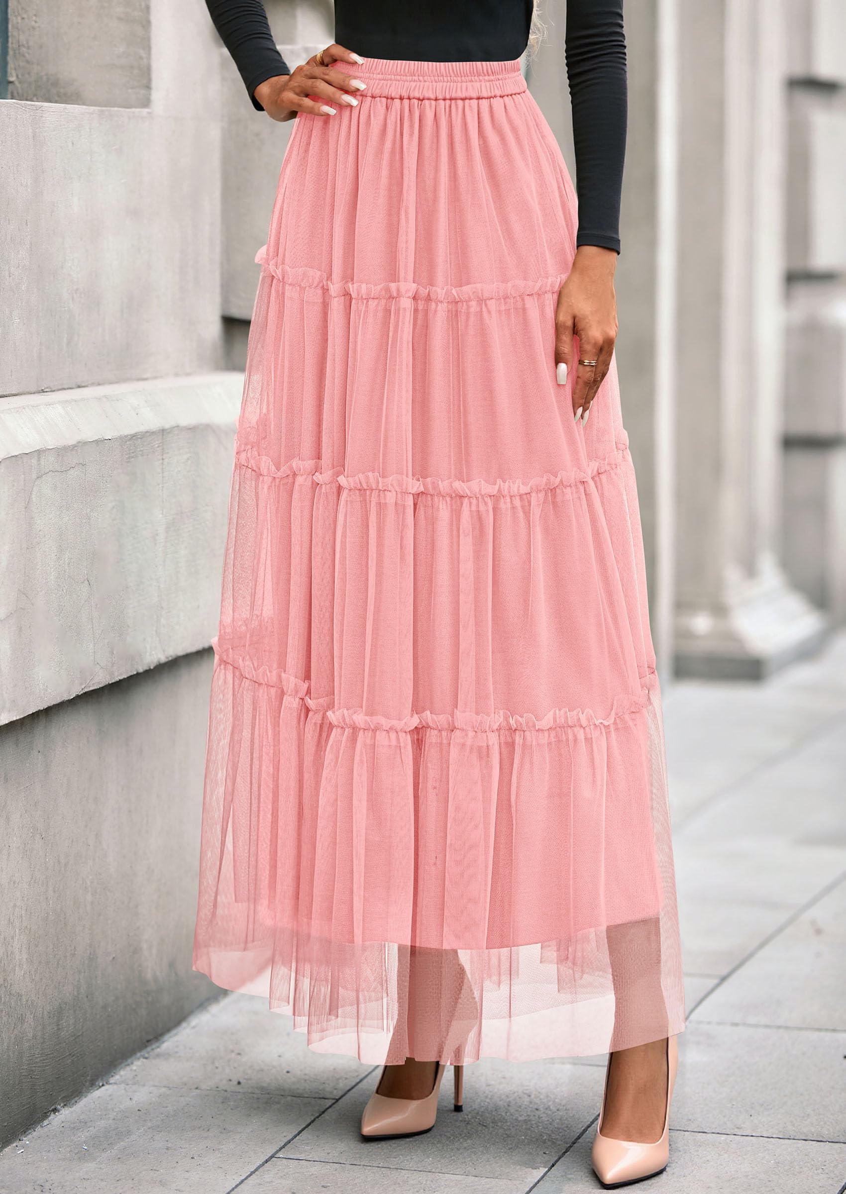 PRETTYGARDEN Tulle Skirts for Women Fall Fashion Elastic High Waisted Fairy Tiered Flowy A-Line Casual Maxi Long Skirt