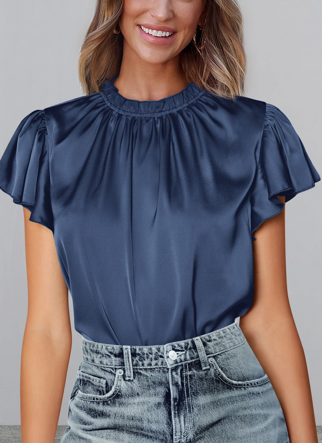 PRETTYGARDEN Business Casual Tops for Women Blouses Dressy  Summer Short Sleeve Ruffle Satin Work Office Attire