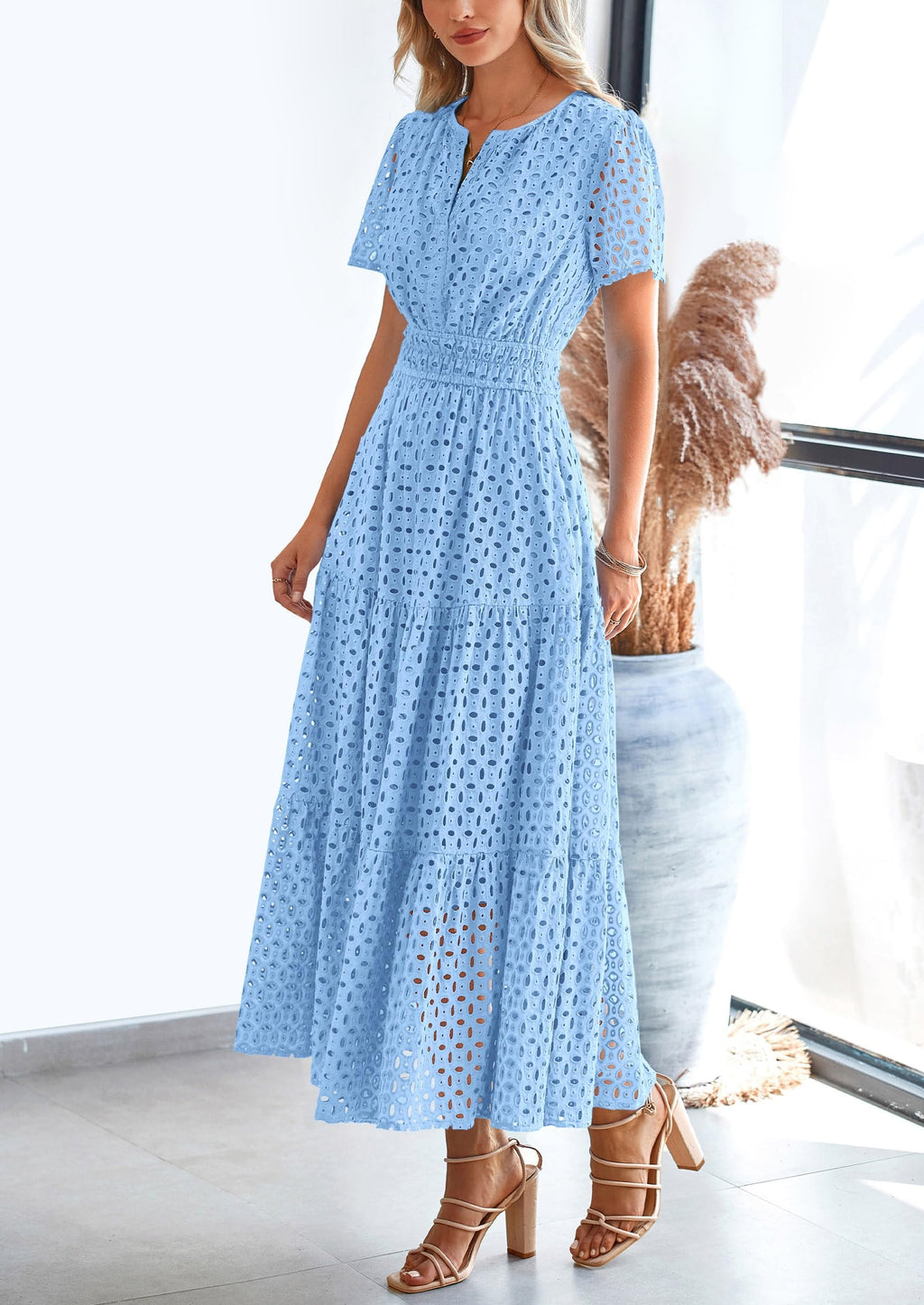 PRETTYGARDEN Womens Summer Maxi Dress Short Sleeve V Neck Hollow Out Eyelet A Line Long Flowy Beach Vacation Dresses