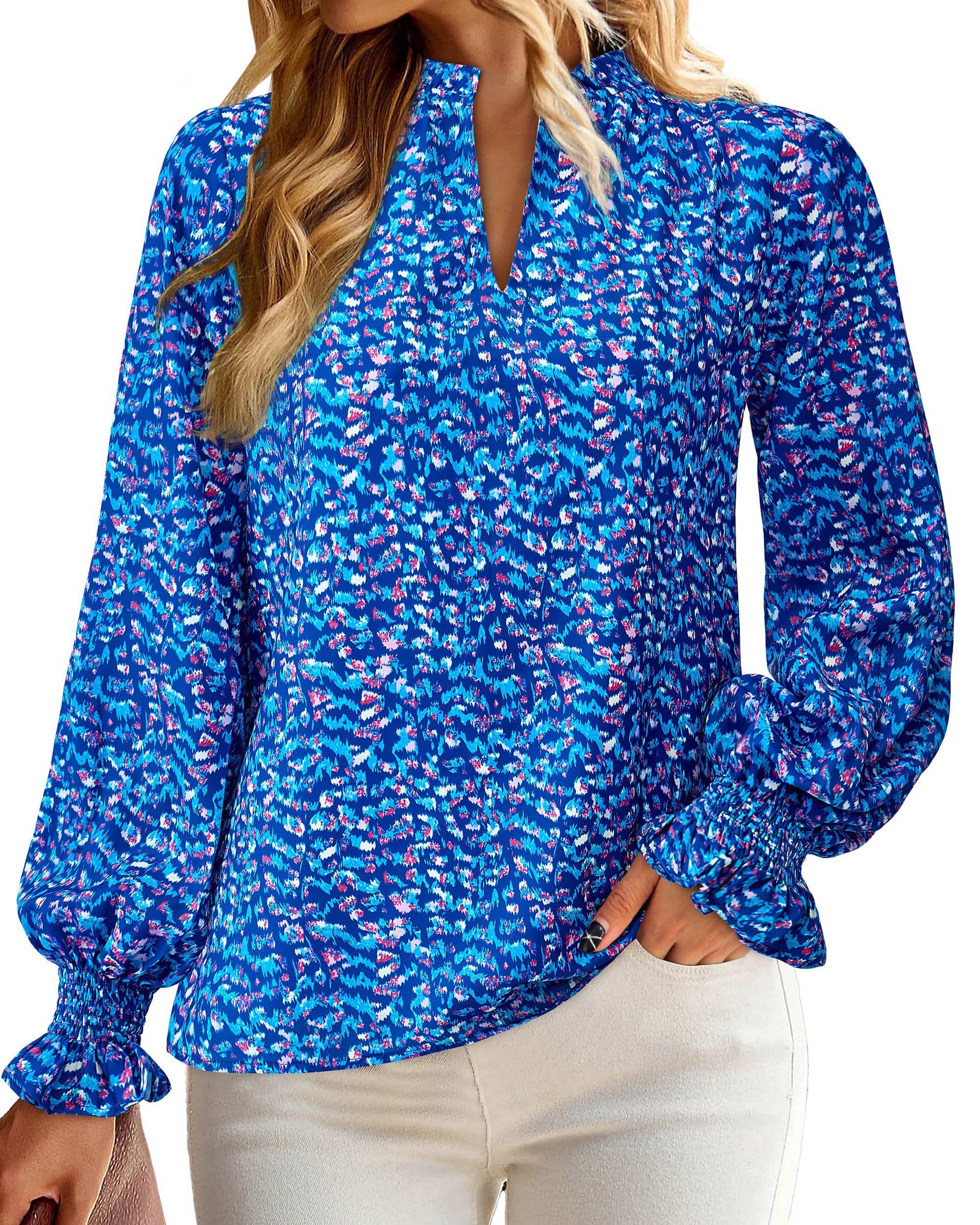 FreshPretty Womens V Neck Floral Long Sleeve Tops Summer Casual Loose Puff Sleeve Chiffon Boho Work Blouse Dressy T Shirts