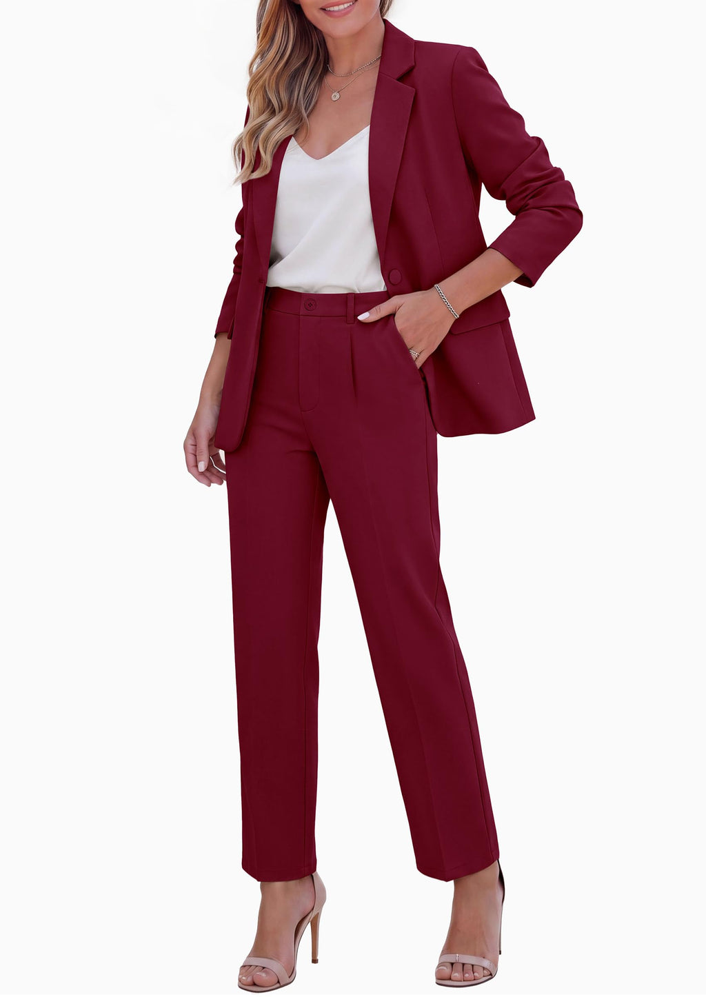 PRETTYGARDEN Two Piece Sets for Women Dressy Pant Suits Lapel Blazer,Straight Leg Dress Pants,Professional Interview Suit Set,Business Casual Outfits,Office Work Clothes,Fall Winter
