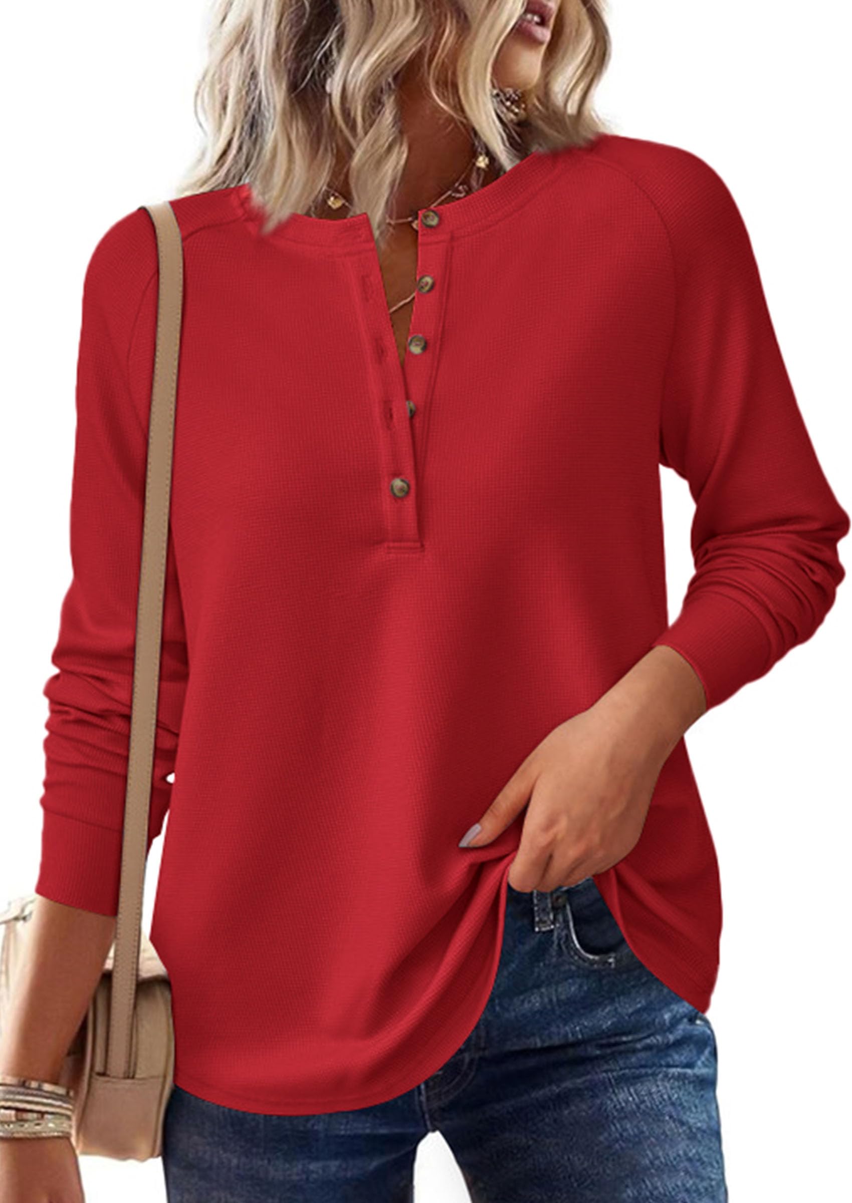 PRETTYGARDEN Women's Long Sleeve Waffle Knit Shirts Fall Casual Button Up Henley V Neck Tunic Tops Loose Fit Basic Tees