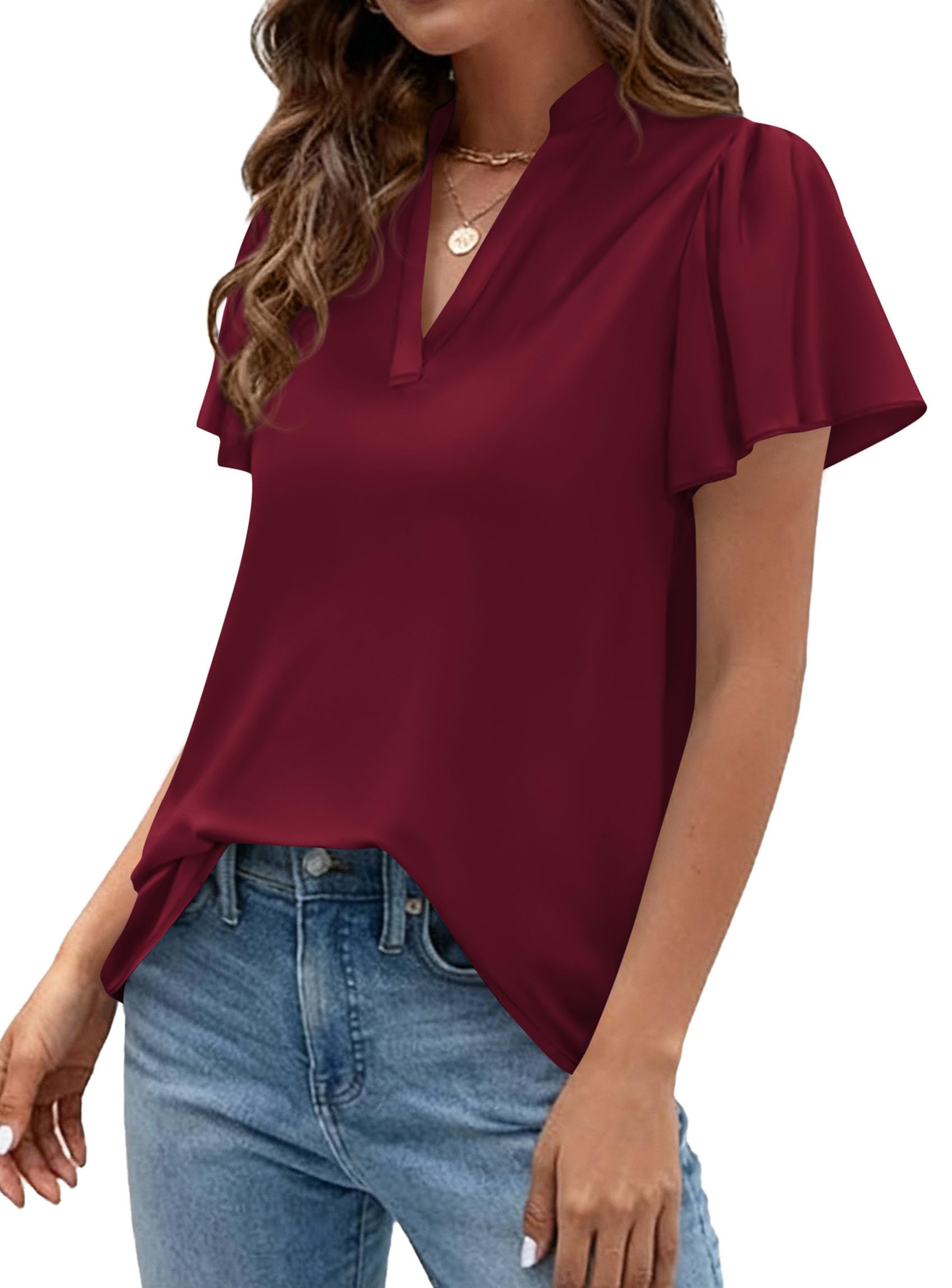 PRETTYGARDEN Women's Summer Satin Blouses Dressy Casual Ruffle Cap Sleeve V Neck Business Work Cute Tops Spring Outfits