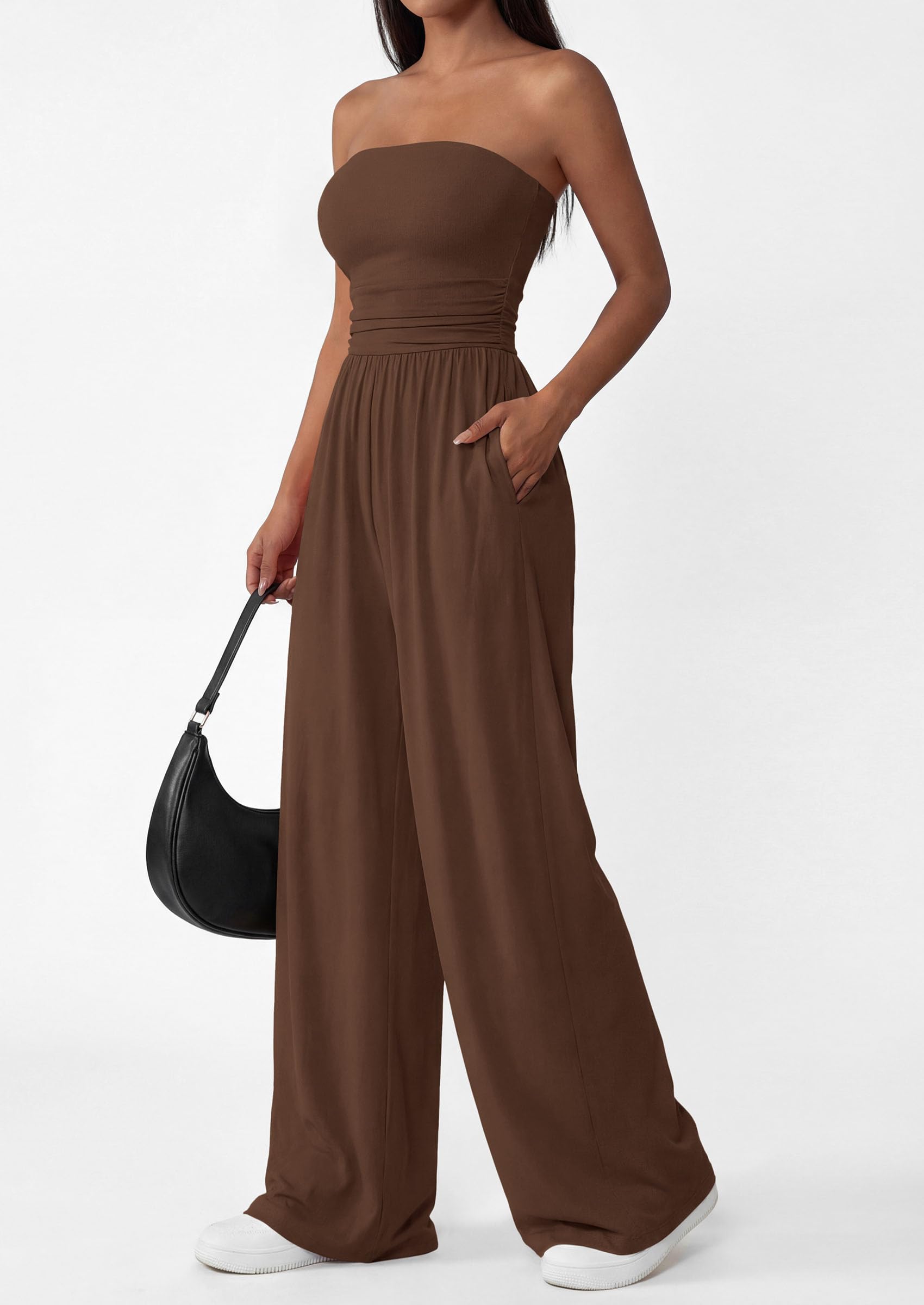 PRETTYGARDEN Womens Trendy Strapless Rompers Ruched Tube Top Wide Leg One Piece Jumpsuits Beach Vacation Summer Outfits