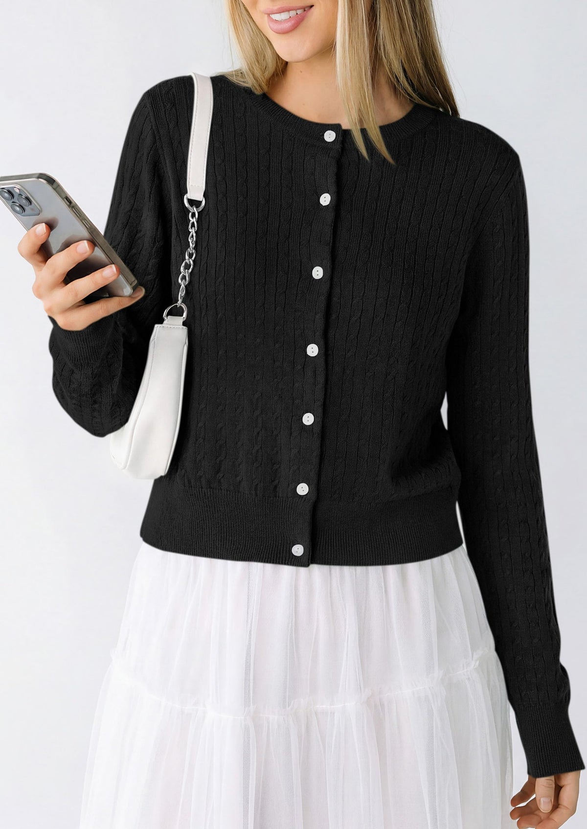 PRETTYGARDEN Women Lightweight Button Up Cardigan Sweaters | Soft Stretchy, Cozy Cable Knit, Long Sleeve Crew Neck, Trendy Cardigans, Cute Casual Outfits, Early Fall Fashion Clothing