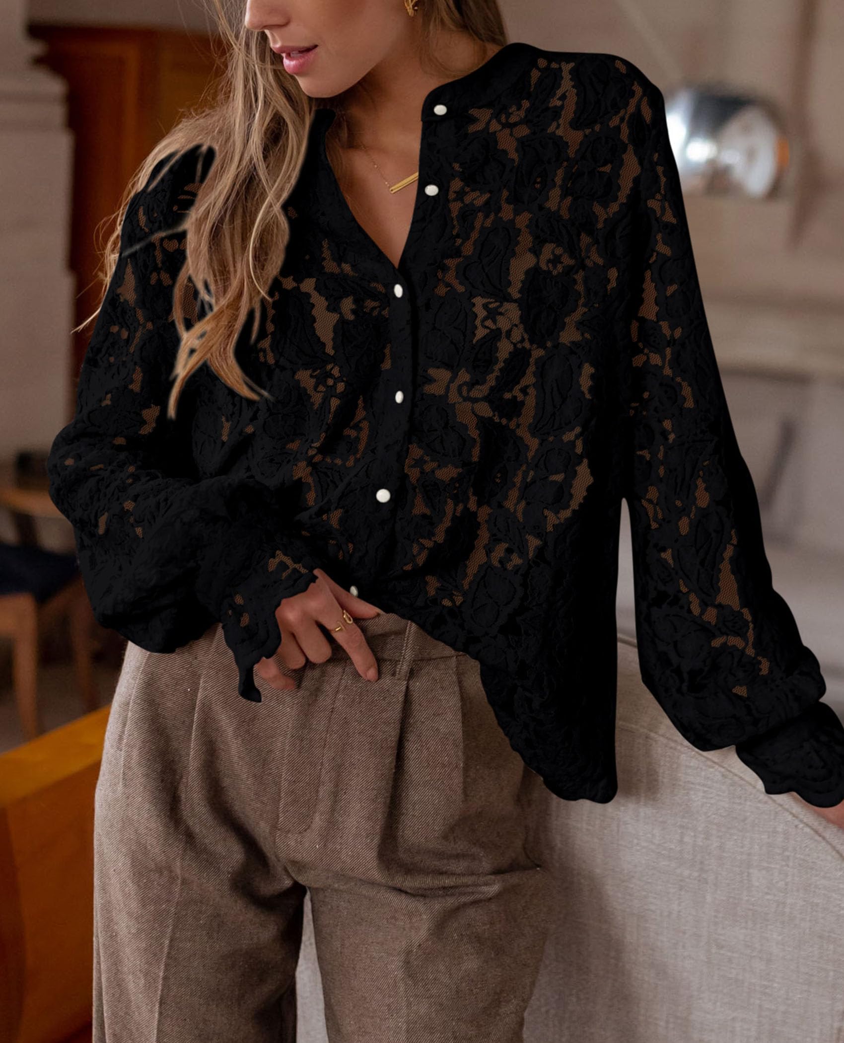 PRETTYGARDEN Women's Dressy Casual Lace Blouse Long Sleeve Button Up Shirts Tops Spring Fall Fashion Clothes