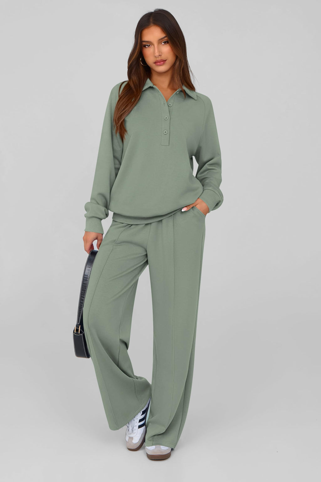 PRETTYGARDEN Women Fall 2 Piece Outfits Sweatsuits Lounge Sets Quarter Button Long Sleeve Sweatshirt, Wide Leg Sweat Pants, Casual 2 Piece Sets Tracksuit, Airport Travel Outfits for Women