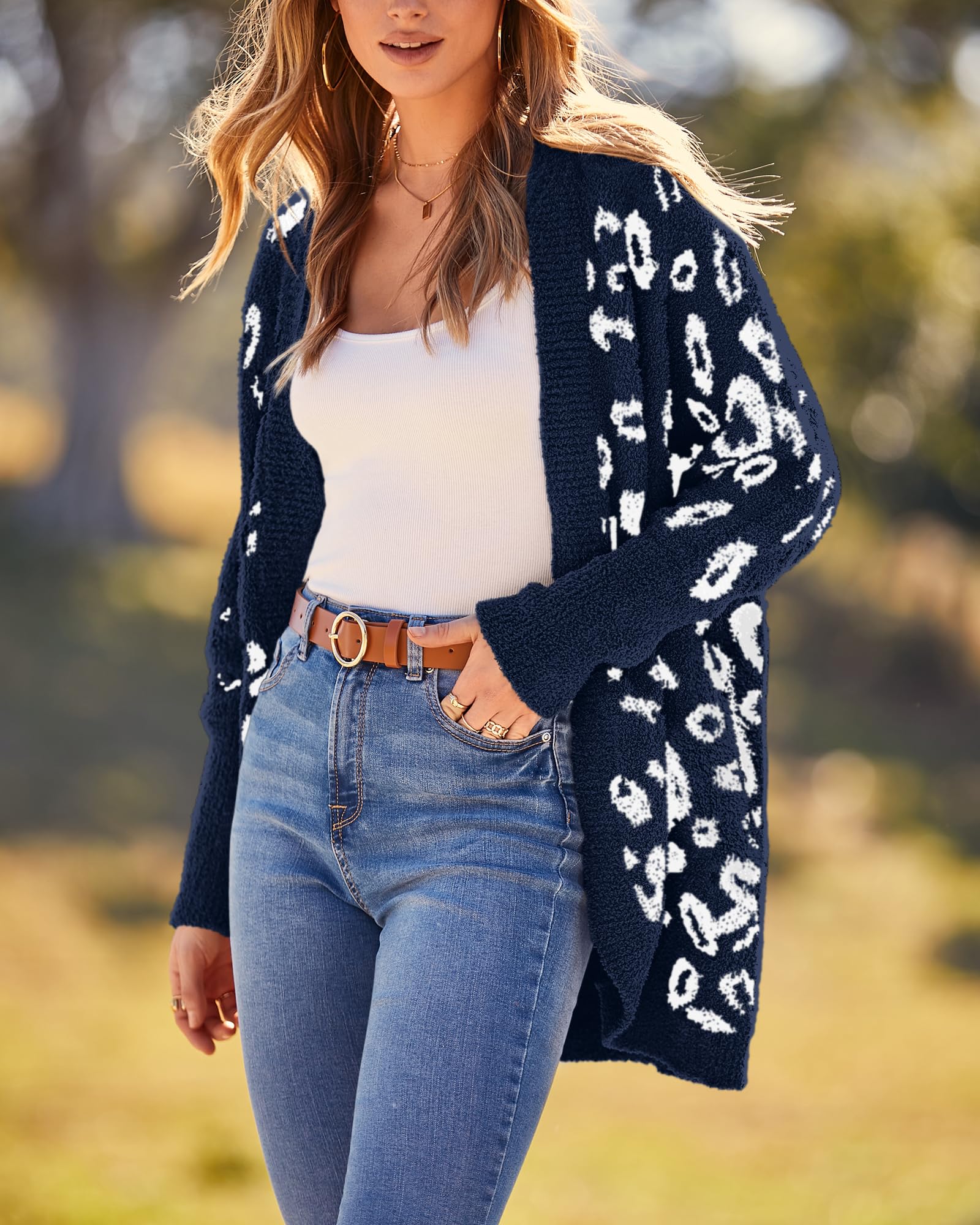 FreshPretty Leopard Cardigan for Women Long Sleeve Open Front Cardigans Sweaters Pockets Loose Knit Fall Winter Outwear