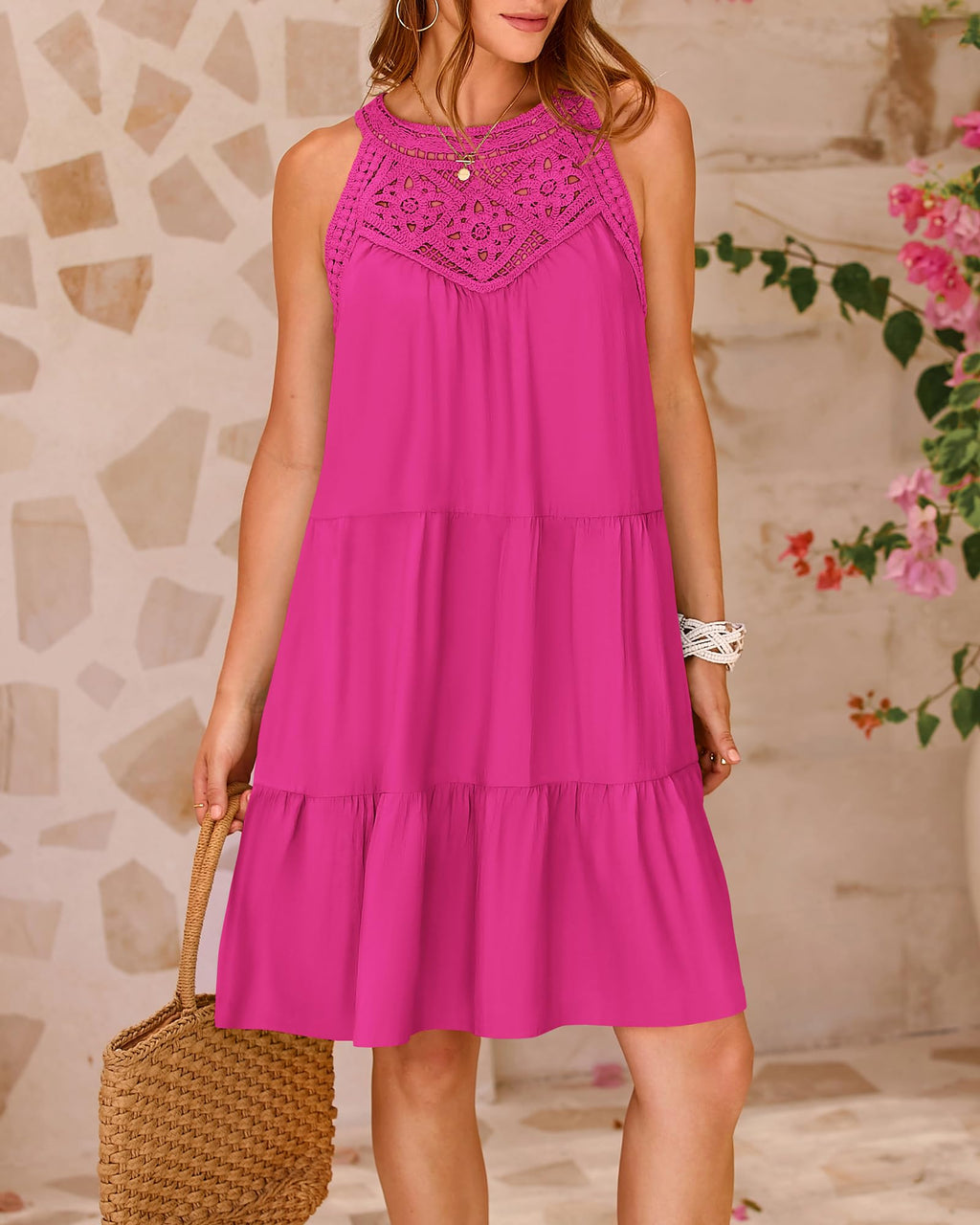 PRETTYGARDEN  Women Summer Dresses Casual Spring Clothes Sleeveless Halter Neck A-Line Tiered Mini Dress Beach Sundress