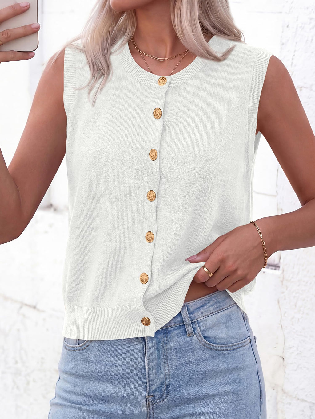 BTFBM Sweater Vest Women Casual Crewneck Loose Button Down Knit Sleeveless Cardigan Spring Clothes Summer Vest Tops