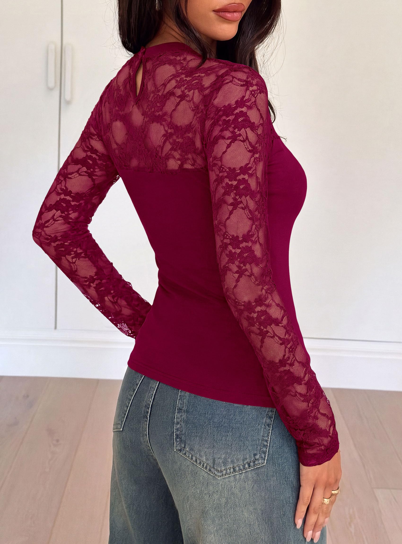 PRETTYGARDEN Womens Mesh Sheer Shirts Lace Long Sleeve Tops
