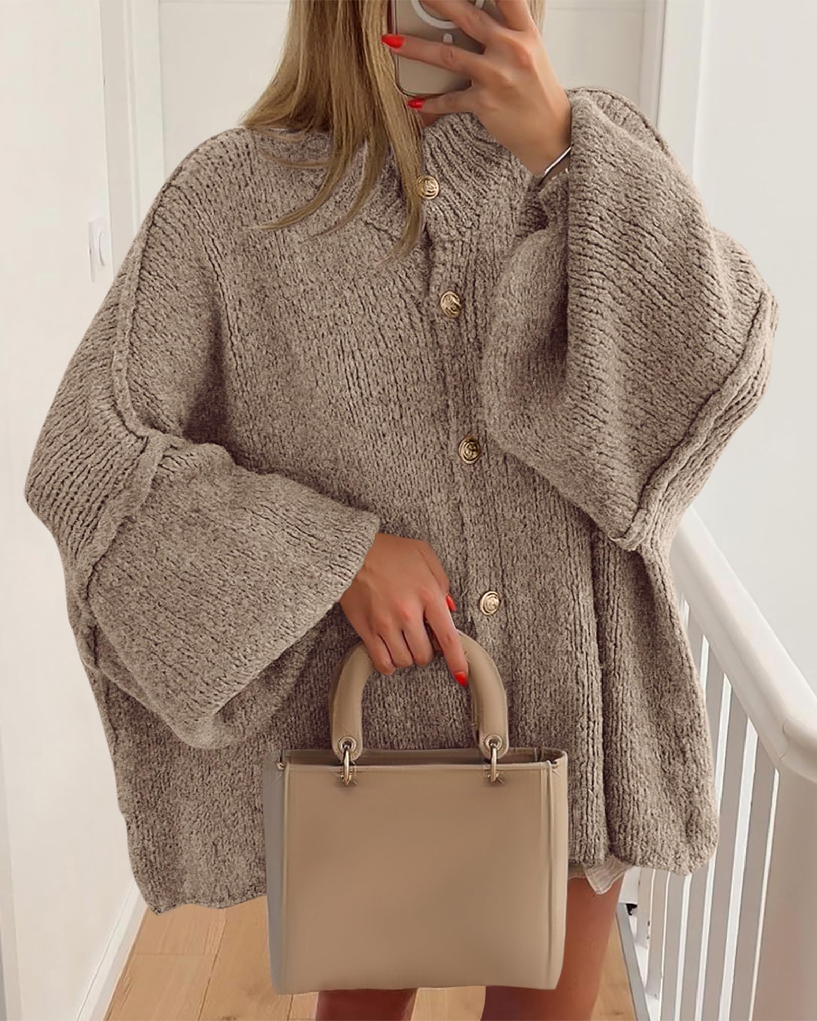 FreshPretty Cardigan Sweaters for Women Fall Clothes Lantern Long Sleeve Button Open Front Chunky Knit Oversized Sweater