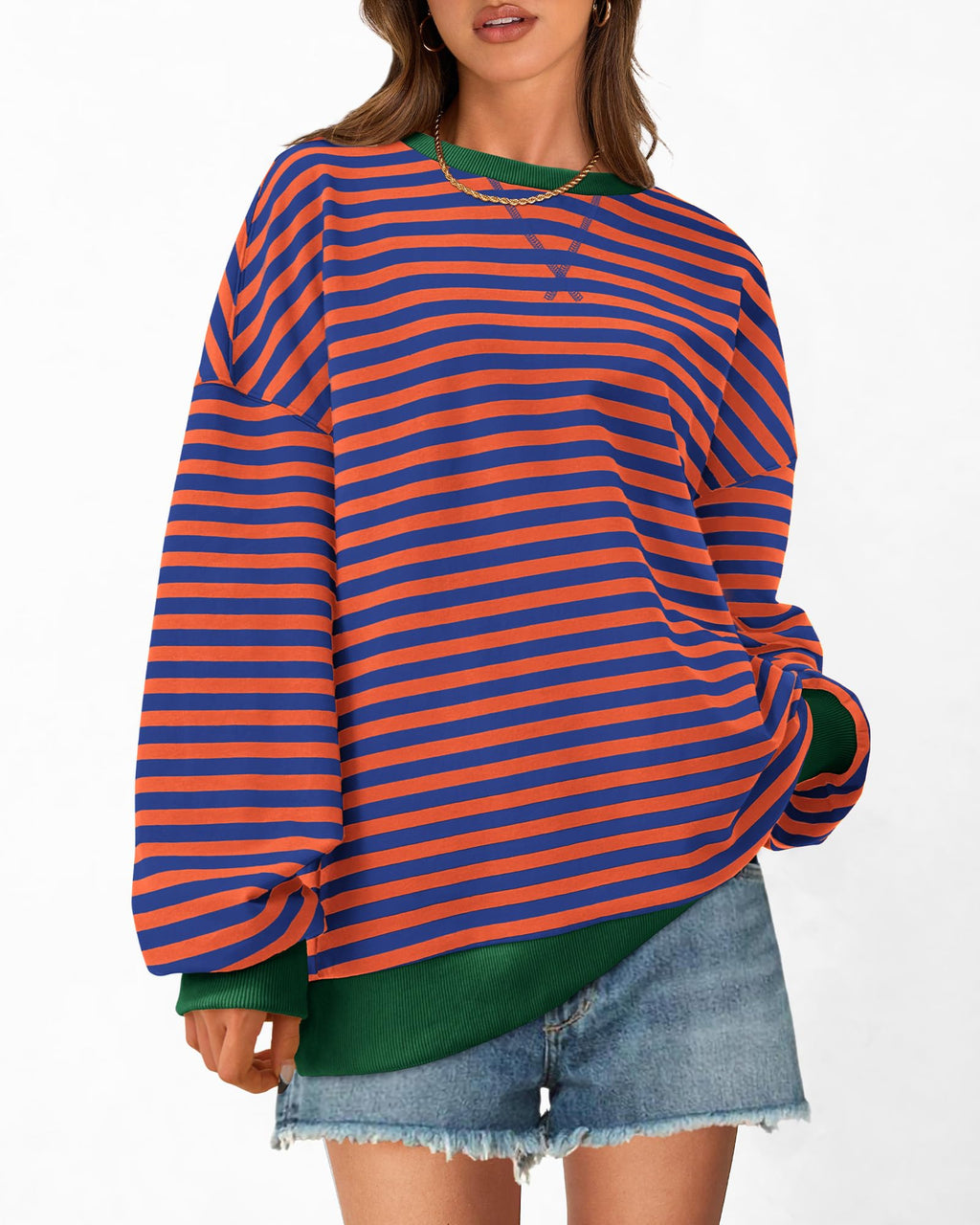 BTFBM Sweatshirt For Women Summer Crewneck Long Sleeve Oversized Striped Pullover Tops Y2K Clothes Workout Shirt
