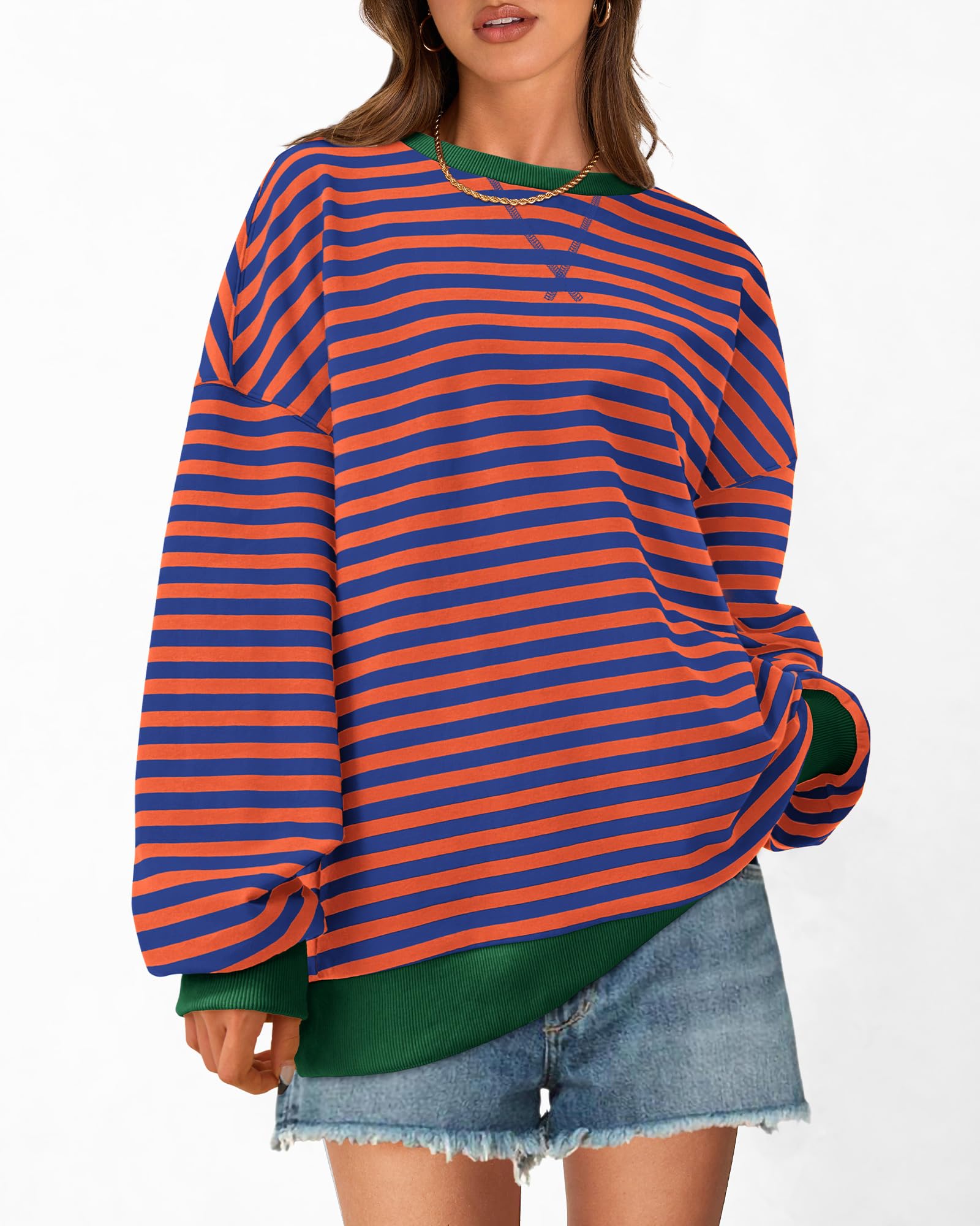 BTFBM Sweatshirt For Women Summer Crewneck Long Sleeve Oversized Striped Pullover Tops Y2K Clothes Workout Shirt
