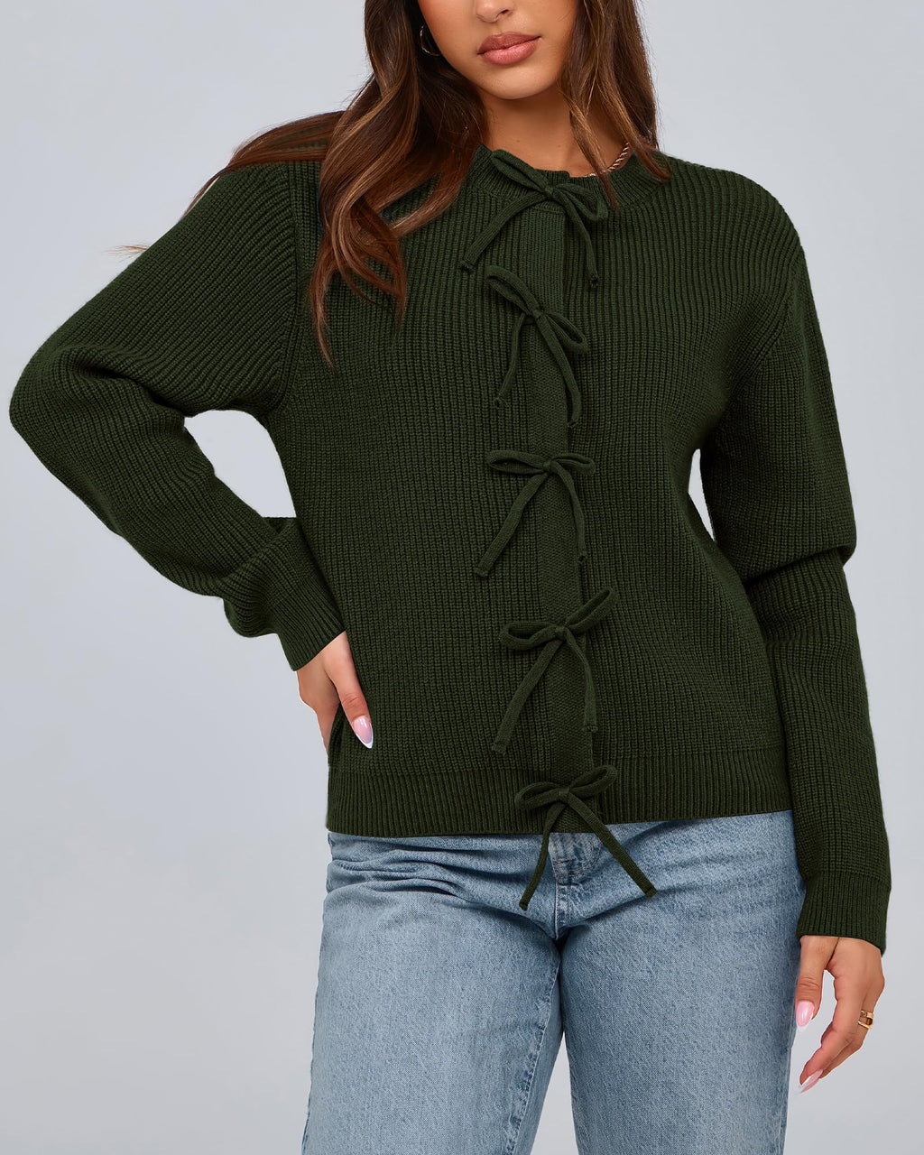 BTFBM Bow Cropped Cardigan Sweaters for Women Fall Winter Open Front Sweater Long Sleeve Button Fashion Spring Clothes