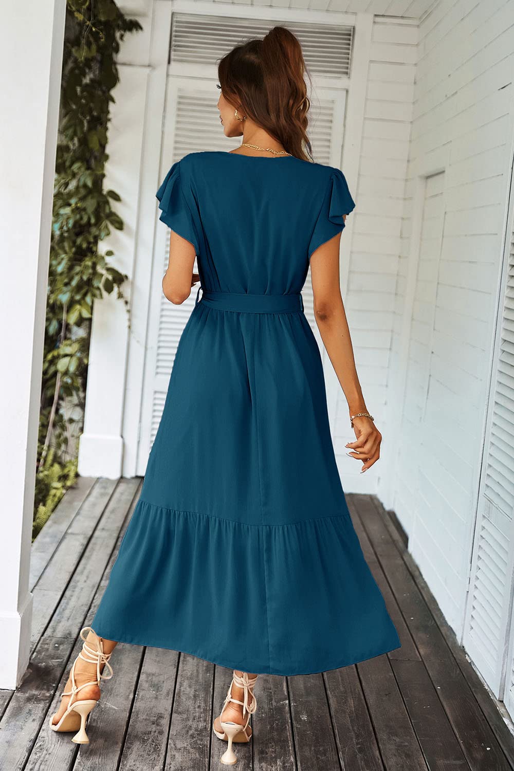 PRETTYGARDEN Women's Summer Floral Boho Maxi Dress Wrap Short Sleeve V Neck Ruffle A-Line Flowy Wedding Guest Long Dresses