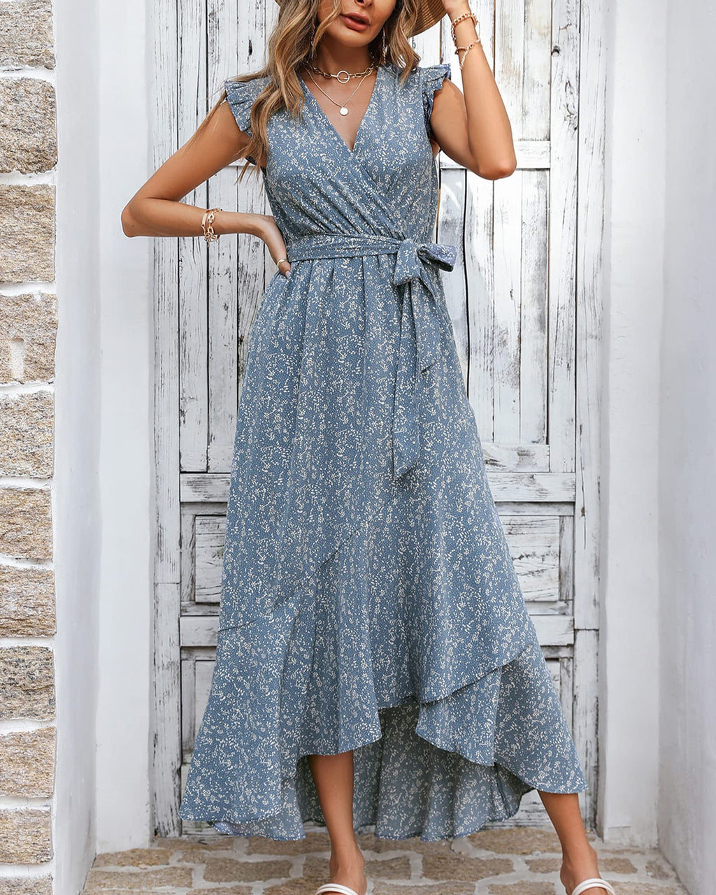 FreshPrettySummer Floral Maxi Dress for Women Vacation Ruffle Sleeve V Neck Belt Wrap Spring Beach Wedding Guest Dresses