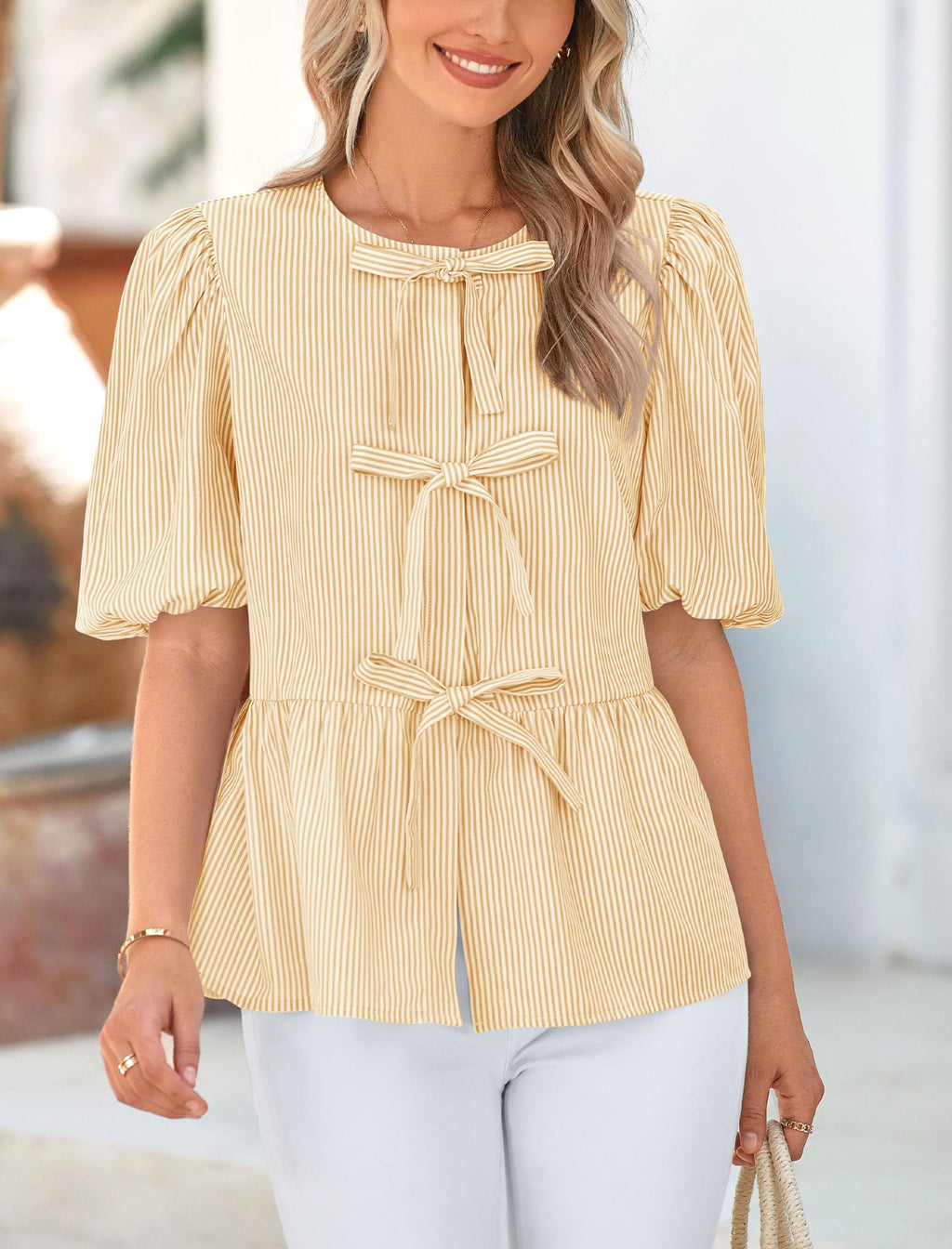 PRETTYGARDEN Women's Tie Front Striped Shirt Summer Trendy Fashion Cute Babydoll Tops Peplum Puffy Sleeve Blouse