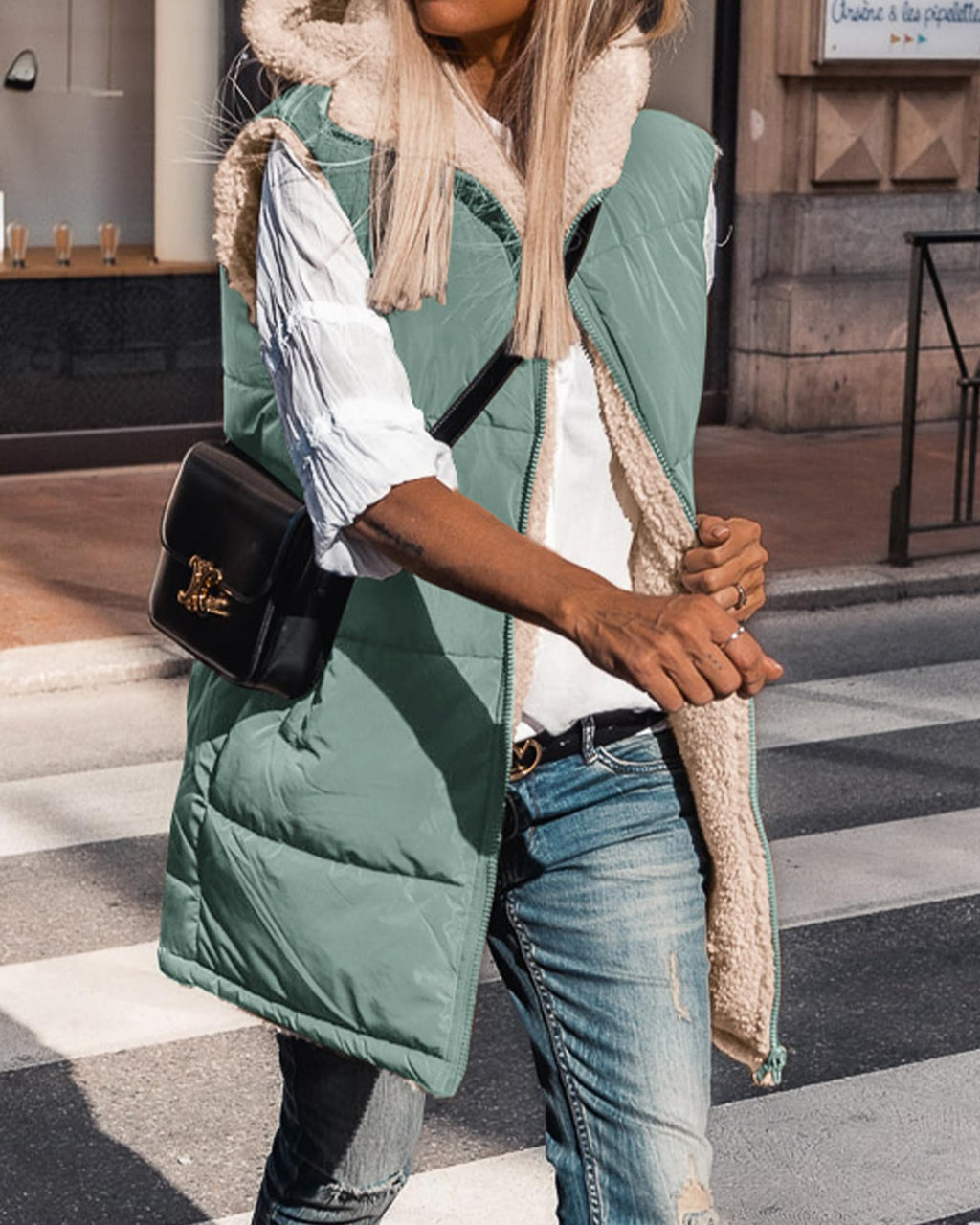 BTFBM Long Puffer Vest Women Fleece Sherpa Jacket Sleeveless Hooded Reversible Zip Up Winter Coat Fall Vests Outerwear