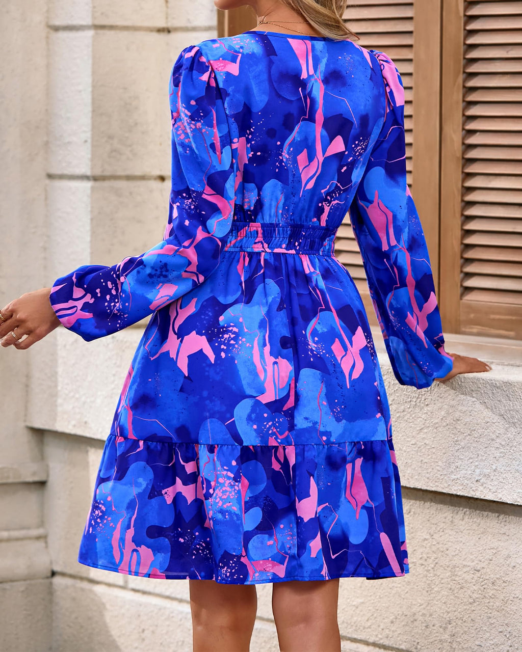 BTFBM Spring Dresses for Women Mini Long Sleeve Elastic Waist Summer Vacation Outfits Floral Wedding Guest Dress