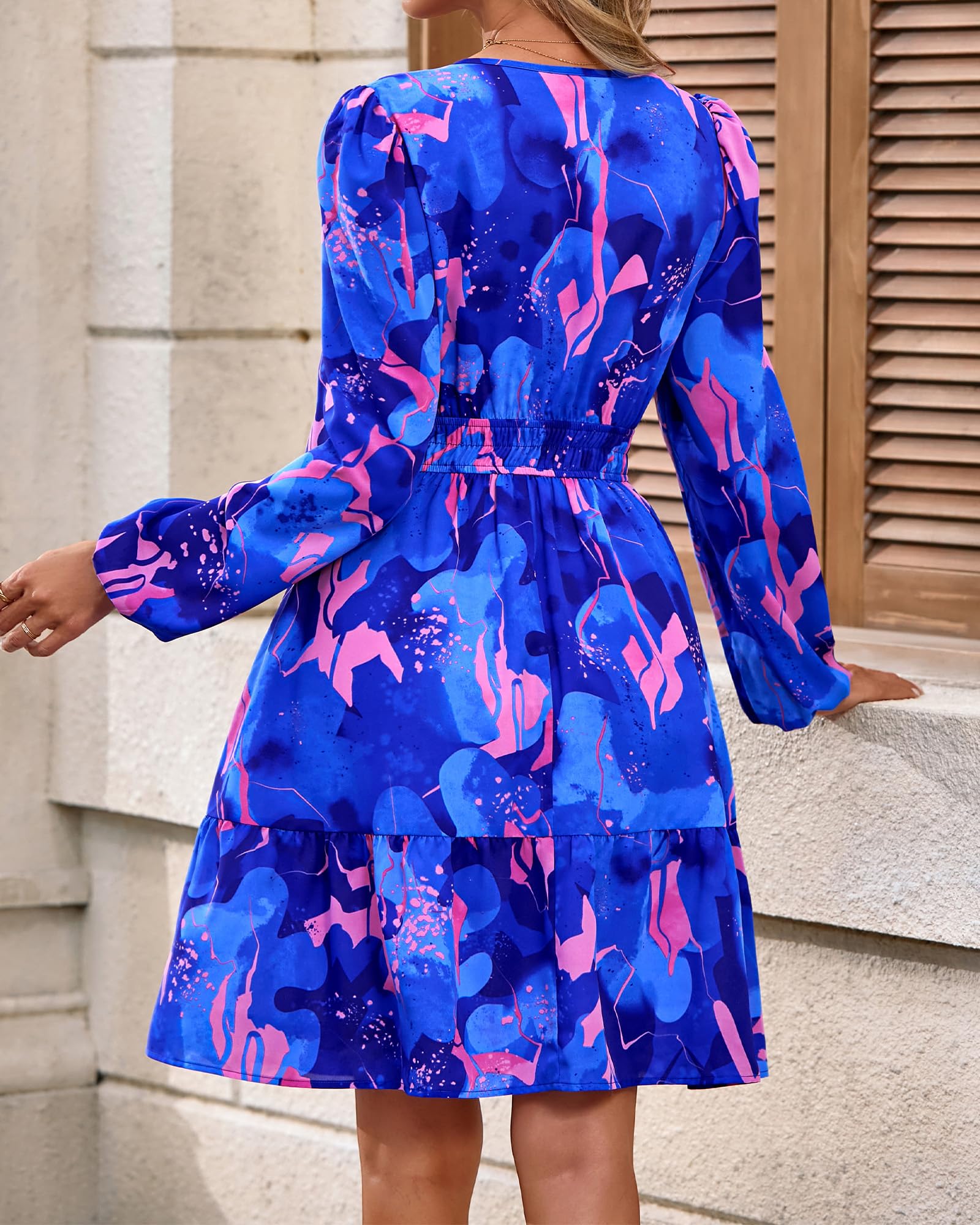 BTFBM Spring Dresses for Women Mini Long Sleeve Elastic Waist Summer Vacation Outfits Floral Wedding Guest Dress