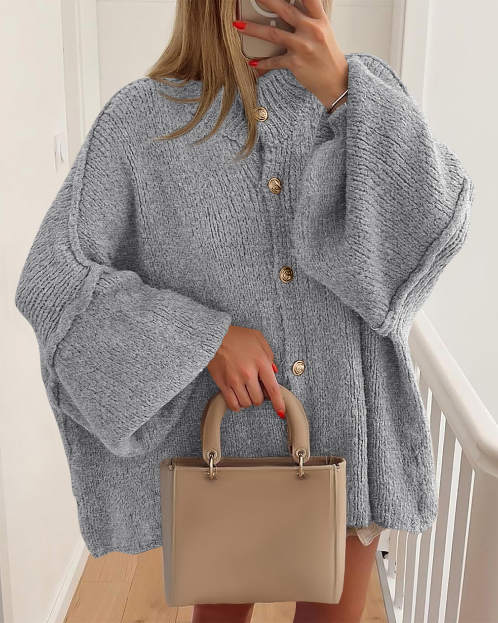 FreshPretty Cardigan Sweaters for Women Fall Clothes Lantern Long Sleeve Button Open Front Chunky Knit Oversized Sweater