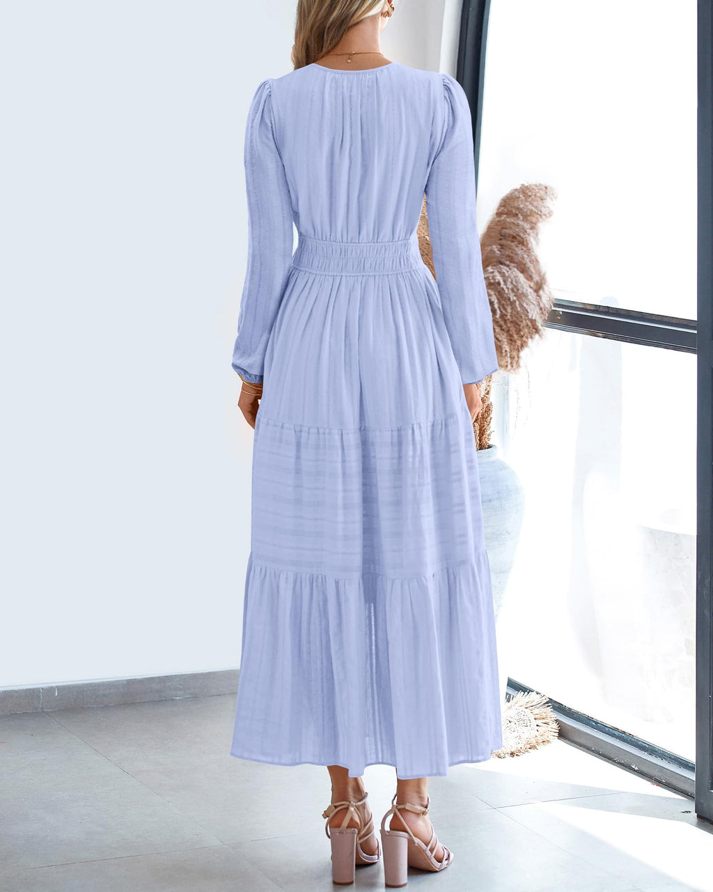 BTFBM Spring Dresses for Women 2026 Casual Long Sleeve V Neck Elastic Waist Lightweight Maxi Wedding Guest Dress Pockets