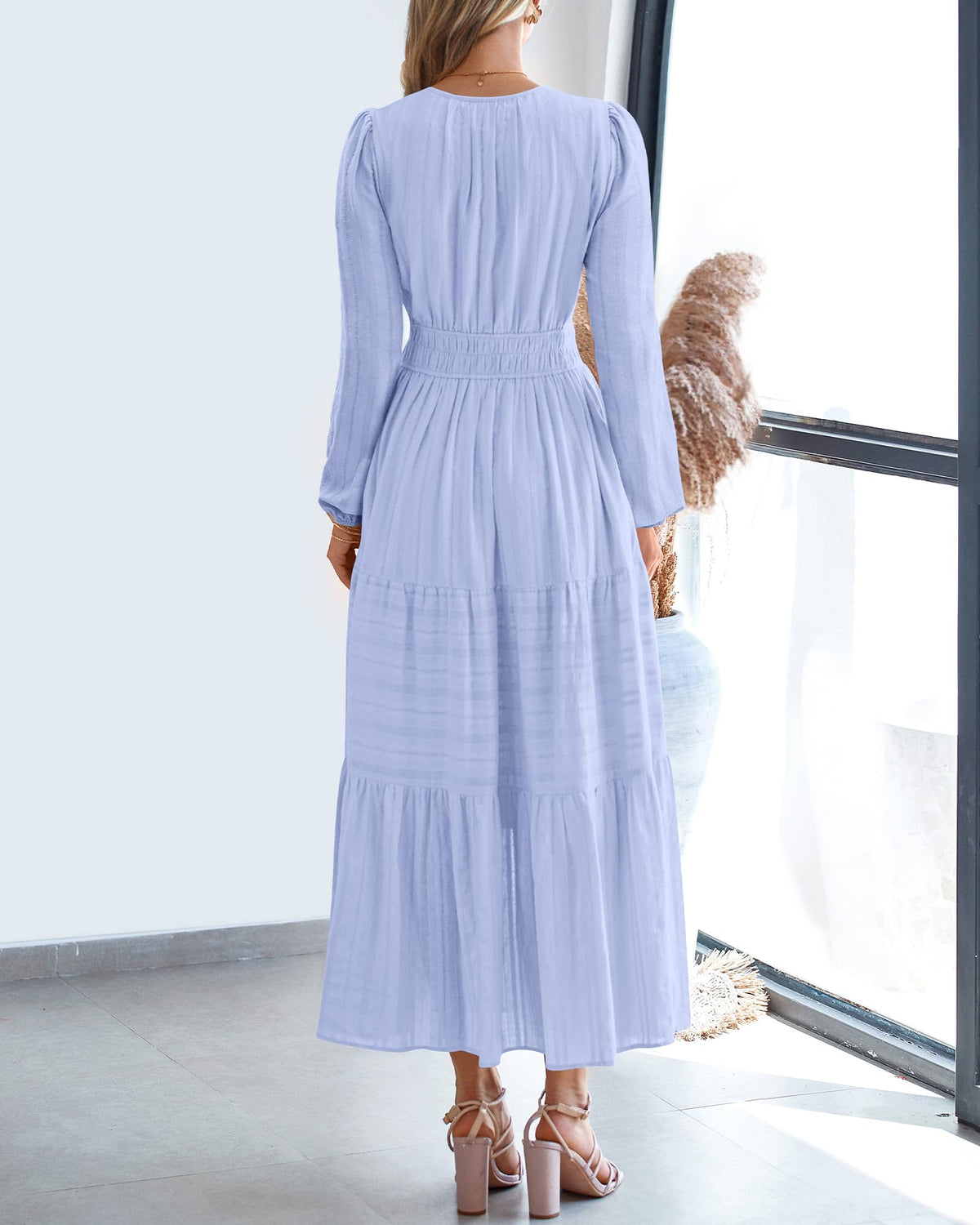 BTFBM Spring Dresses for Women 2026 Casual Long Sleeve V Neck Elastic Waist Lightweight Maxi Wedding Guest Dress Pockets