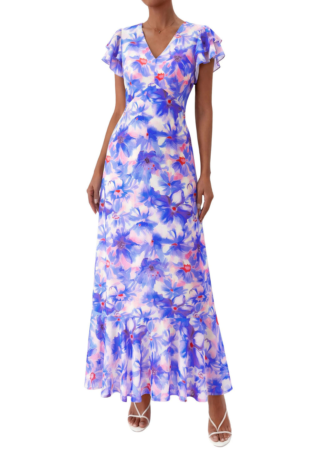 PRETTYGARDEN Womens Summer Floral Maxi Dresses Spring Short Sleeve Ruffle V Neck Flowy Boho Long Beach Vacation Sundress