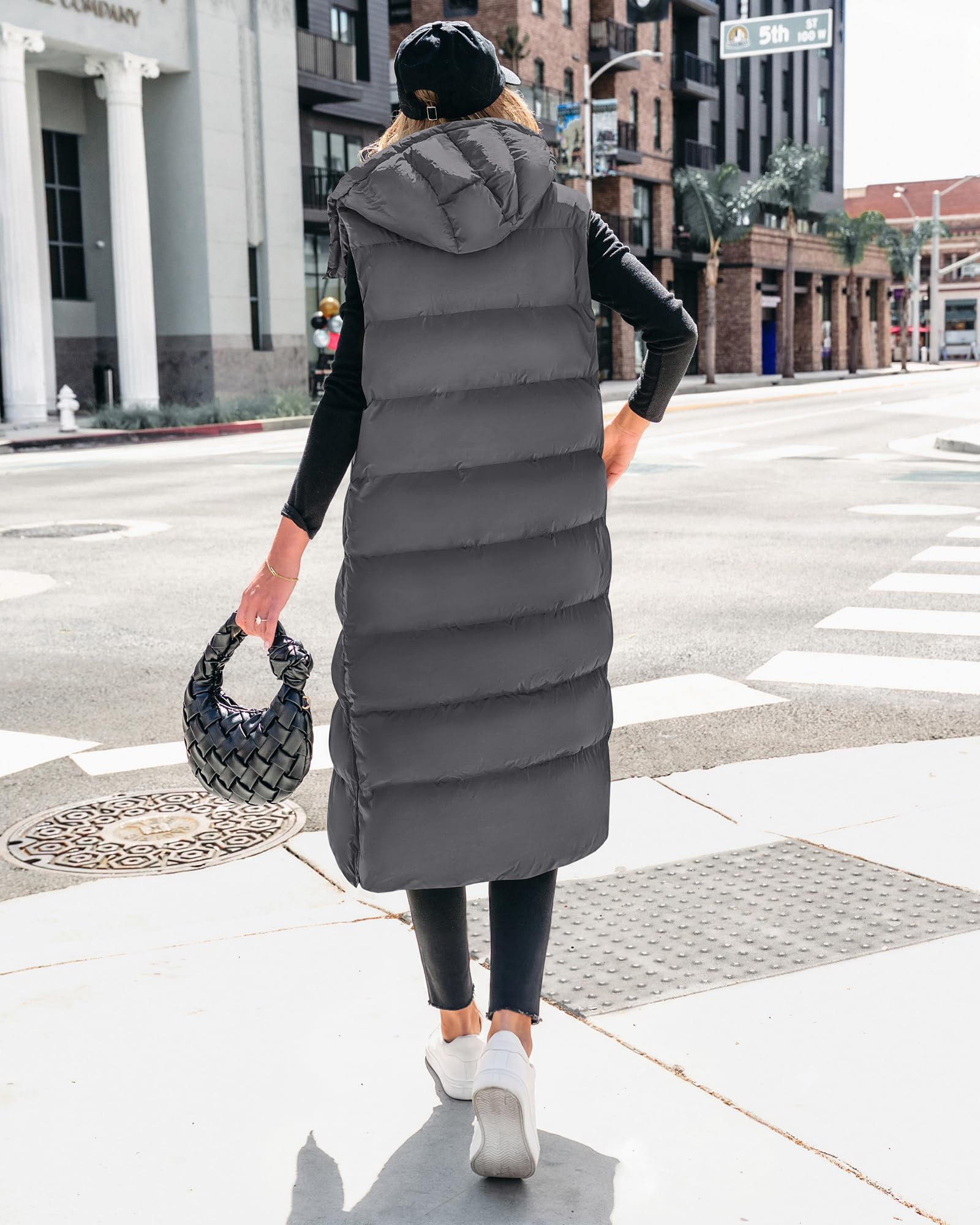BTFBM Long Puffer Vest Women Quilted Hooded Button Down Zip Up Sleeveless Vests Outerwear Padded Jacket Fall Winter Coat