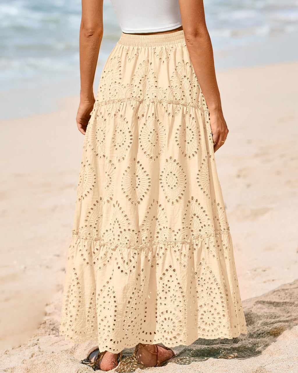 BTFBM Long Skirts for Women Summer Boho Lace Embroidery High Waist Flowy Tiered Spring Maxi Skirt Beach Vacation